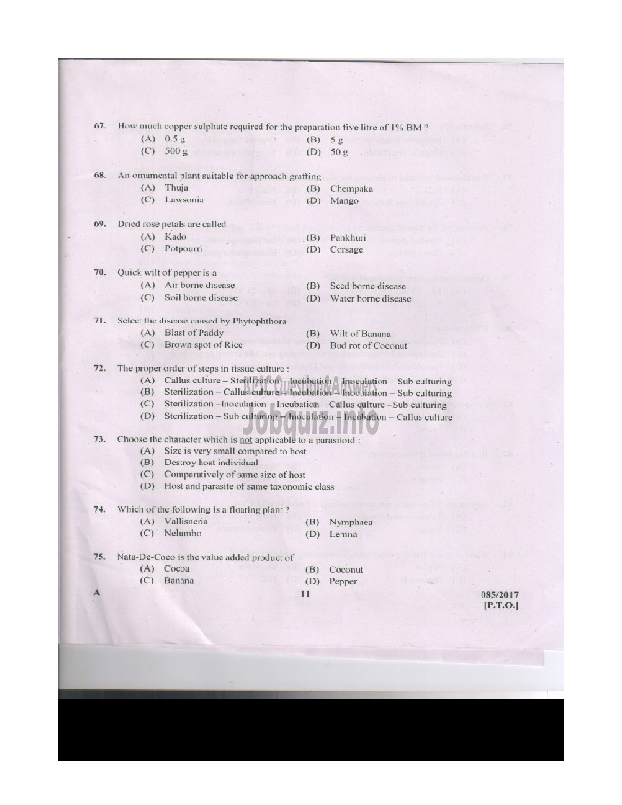 Kerala PSC Question Paper - AGRICULTURAL ASSISTANT GRADE II AGRICULTURE QUESTION PAPER-11