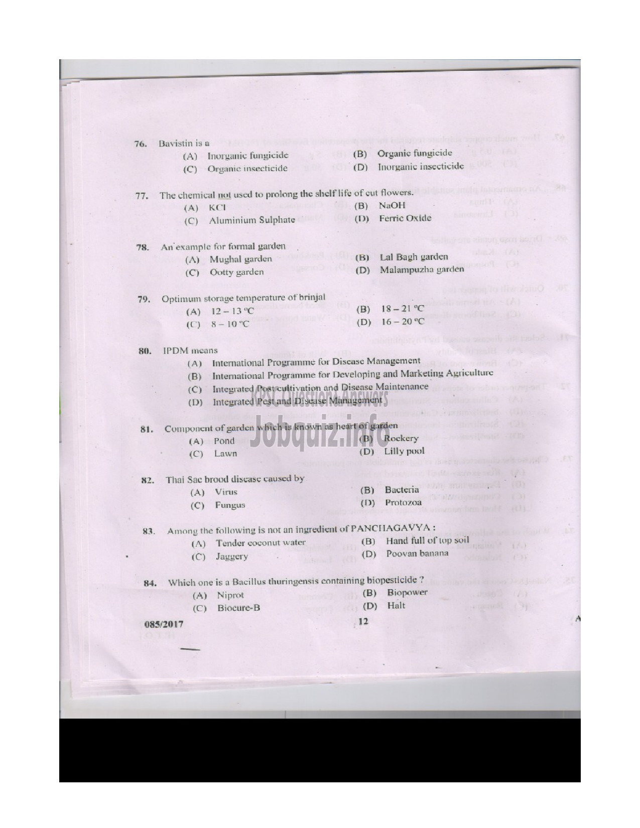 Kerala PSC Question Paper - AGRICULTURAL ASSISTANT GRADE II AGRICULTURE QUESTION PAPER-12