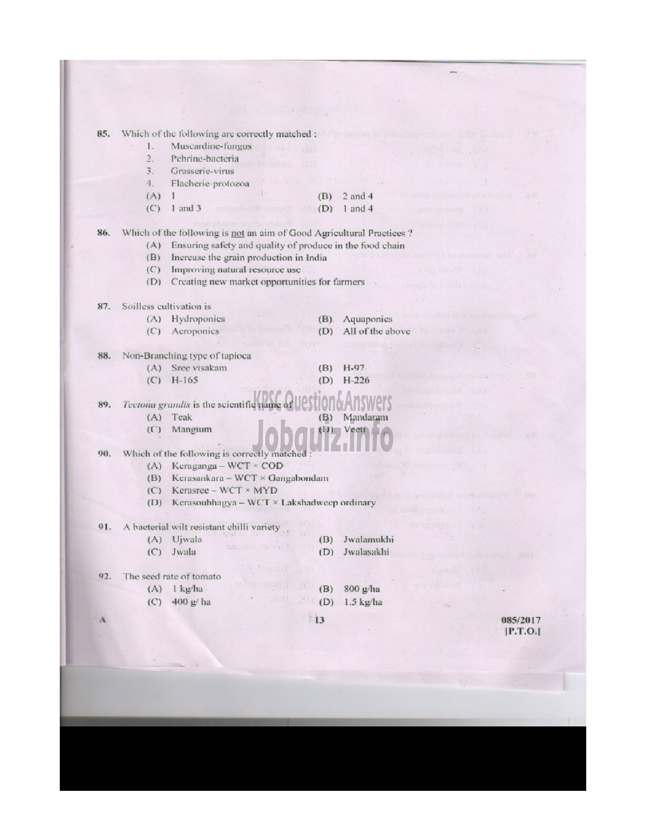 Kerala PSC Question Paper - AGRICULTURAL ASSISTANT GRADE II AGRICULTURE QUESTION PAPER-13