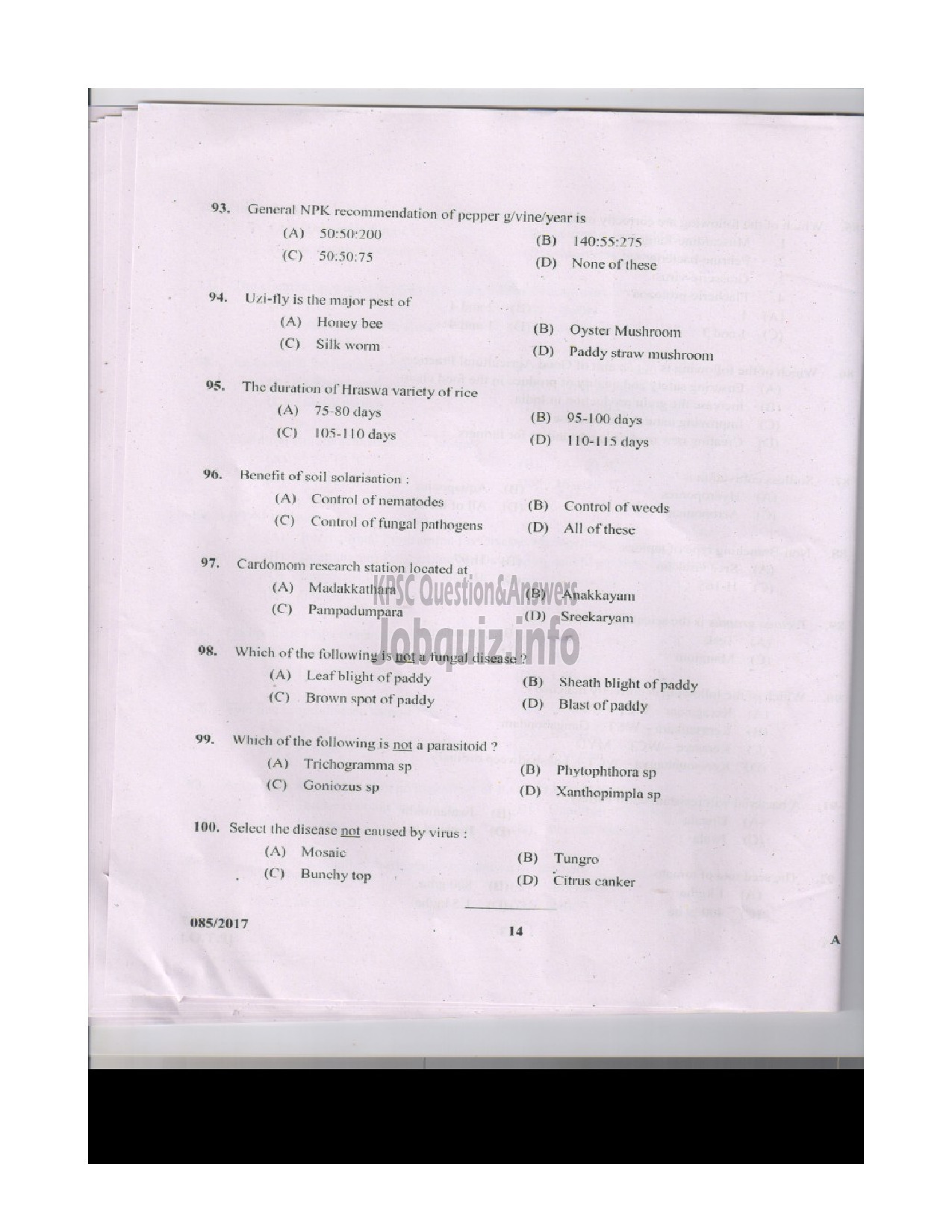 Kerala PSC Question Paper - AGRICULTURAL ASSISTANT GRADE II AGRICULTURE QUESTION PAPER-15