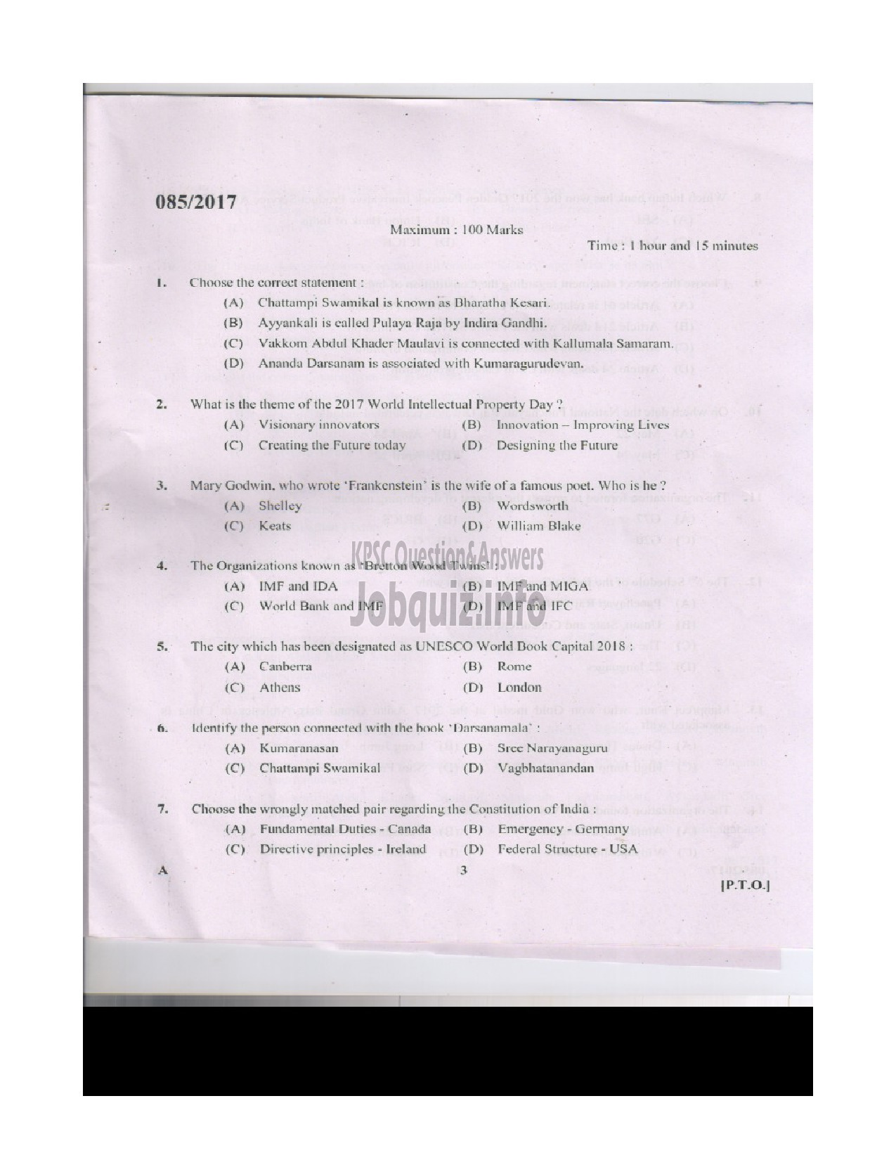 Kerala PSC Question Paper - AGRICULTURAL ASSISTANT GRADE II AGRICULTURE QUESTION PAPER-3