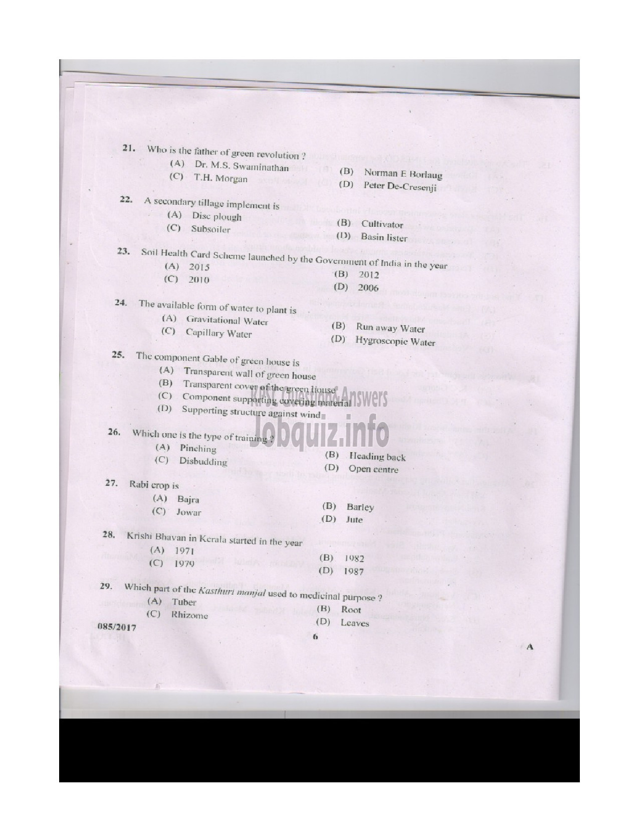Kerala PSC Question Paper - AGRICULTURAL ASSISTANT GRADE II AGRICULTURE QUESTION PAPER-6