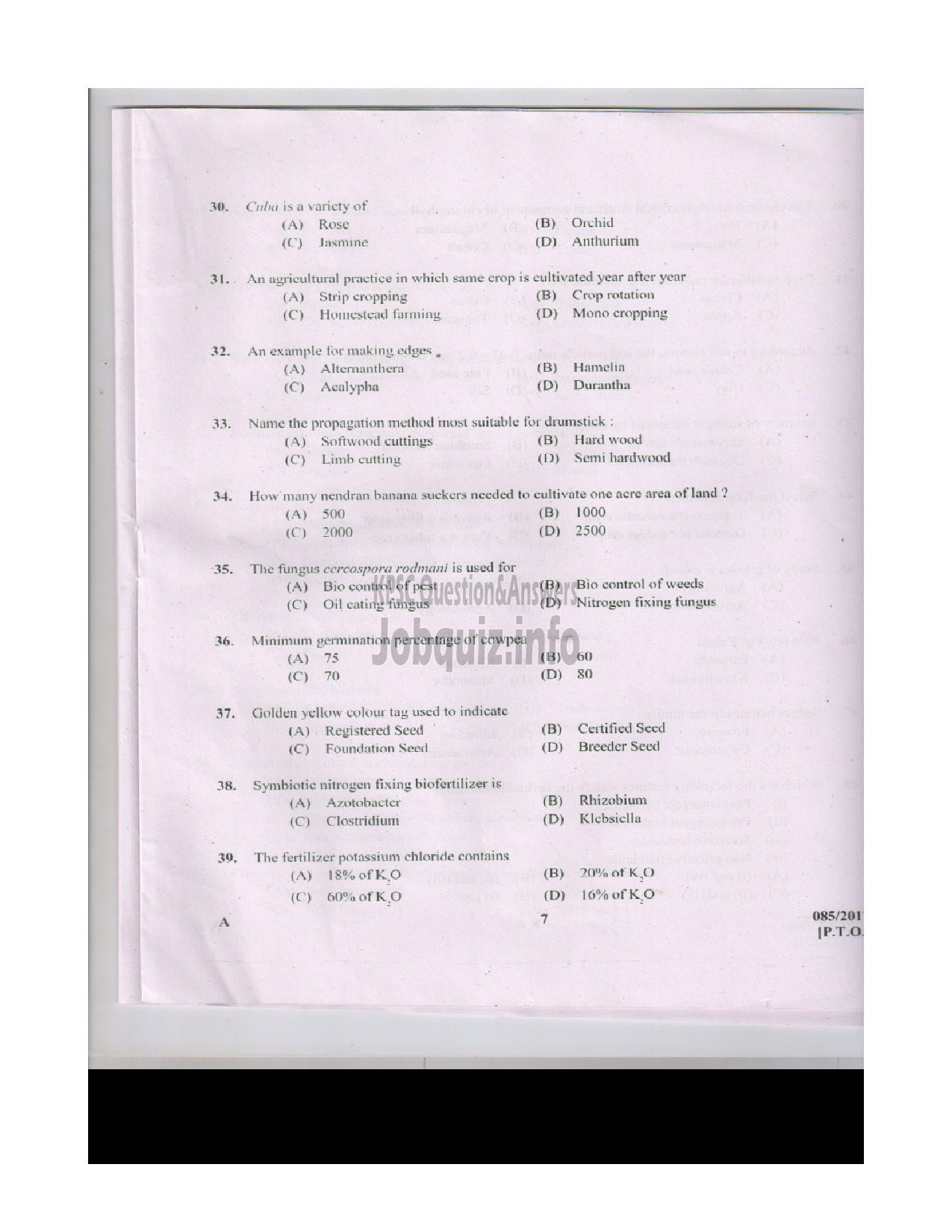 Kerala PSC Question Paper - AGRICULTURAL ASSISTANT GRADE II AGRICULTURE QUESTION PAPER-7