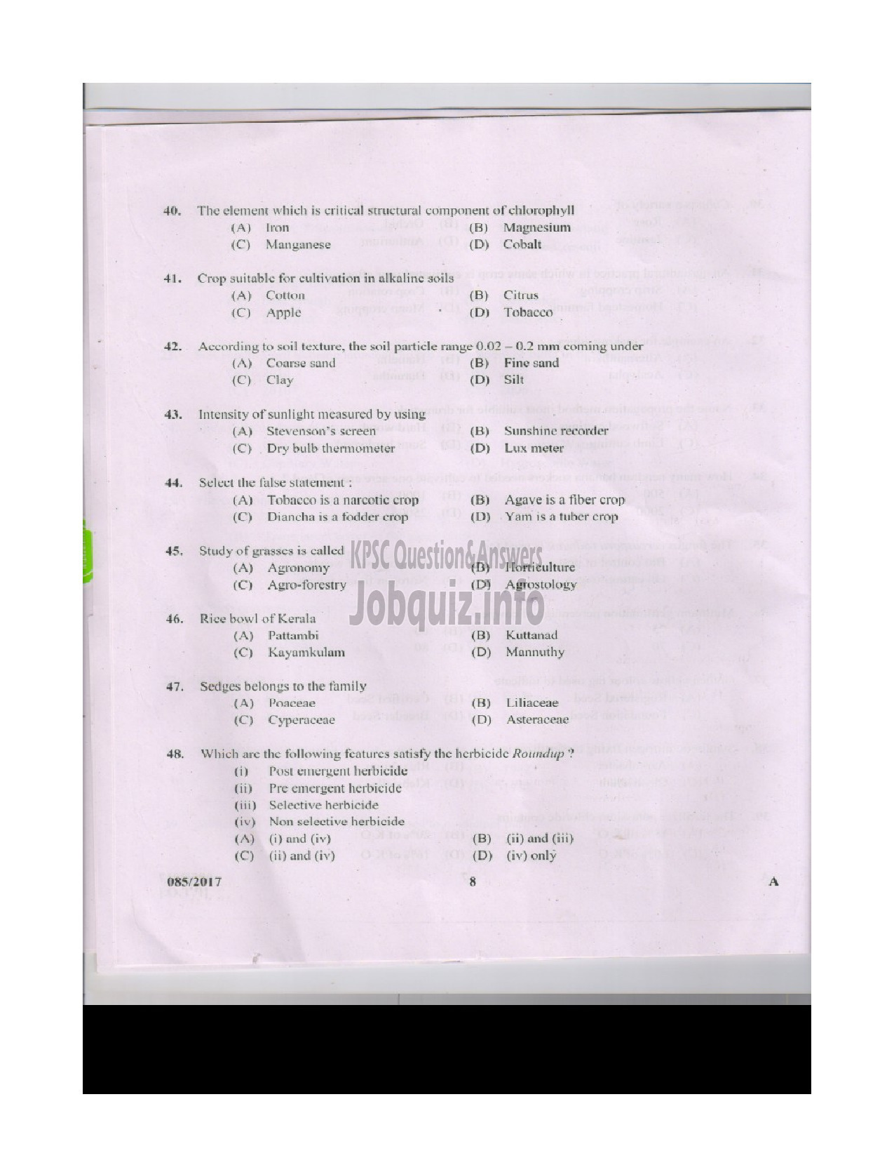 Kerala PSC Question Paper - AGRICULTURAL ASSISTANT GRADE II AGRICULTURE QUESTION PAPER-8