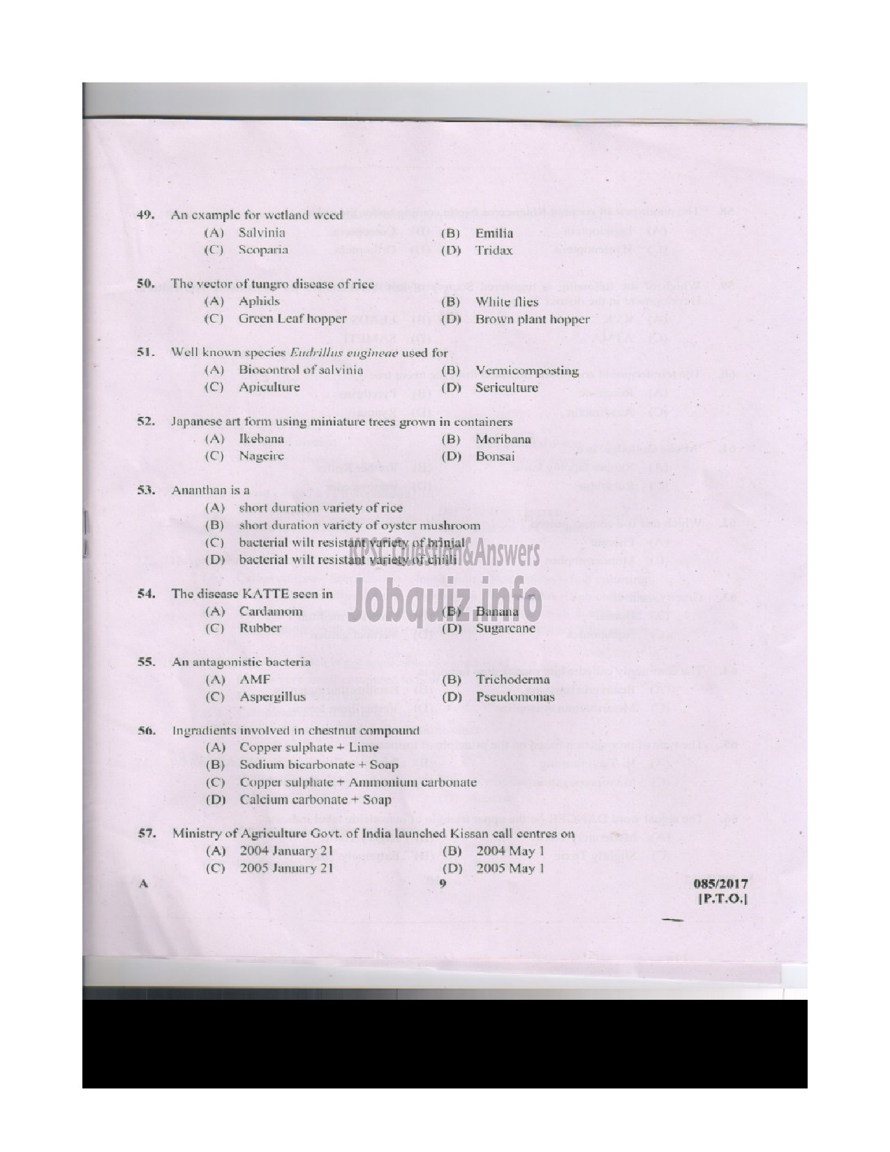 Kerala PSC Question Paper - AGRICULTURAL ASSISTANT GRADE II AGRICULTURE QUESTION PAPER-9
