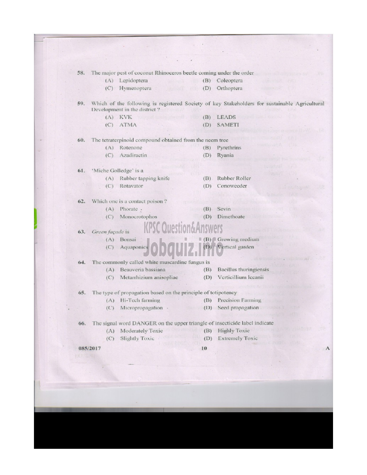 Kerala PSC Question Paper - AGRICULTURAL ASSISTANT GRADE II AGRICULTURE QUESTION PAPER-10