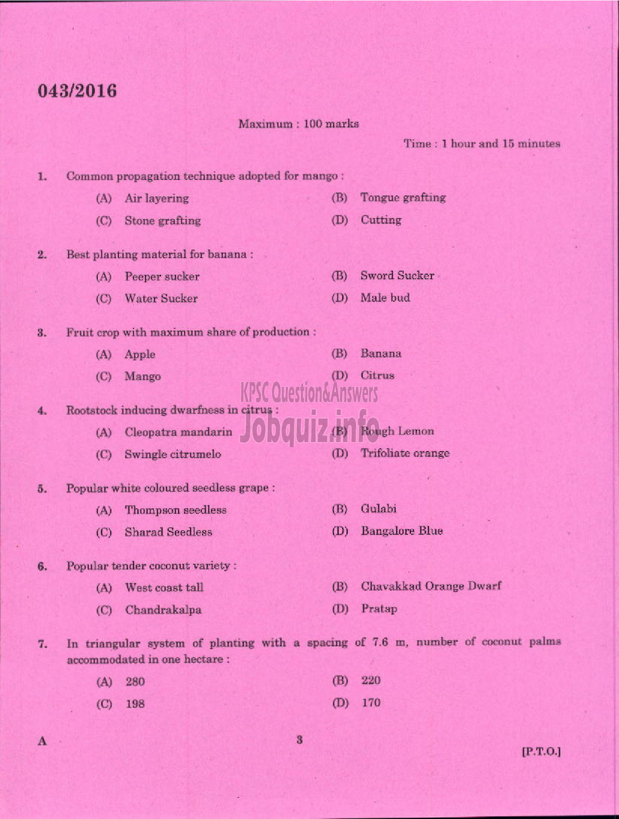 Kerala PSC Question Paper - AGRICULTURAL OFFICER AGRICULTURE/KERALA LAND USE BOARD/DCB-1