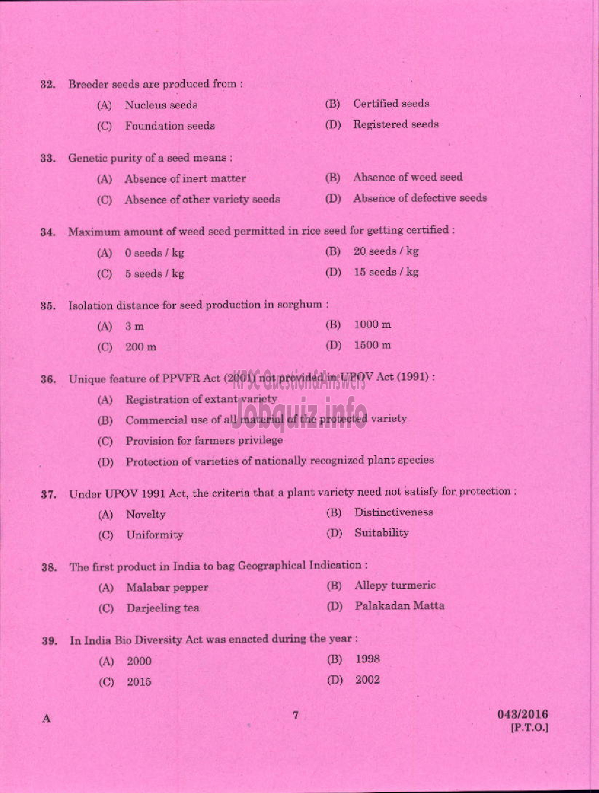 Kerala PSC Question Paper - AGRICULTURAL OFFICER AGRICULTURE/KERALA LAND USE BOARD/DCB-5