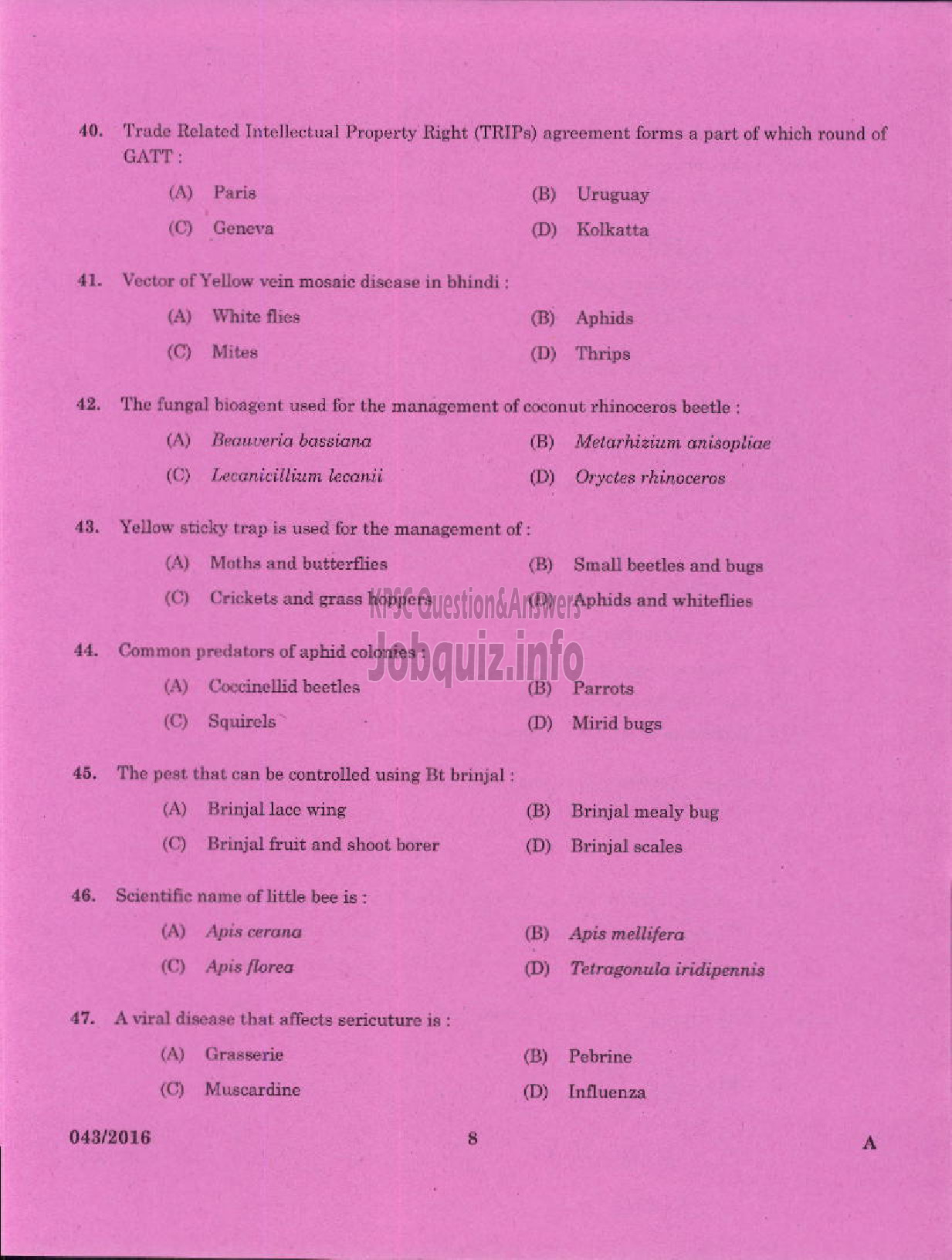 Kerala PSC Question Paper - AGRICULTURAL OFFICER AGRICULTURE/KERALA LAND USE BOARD/DCB-6