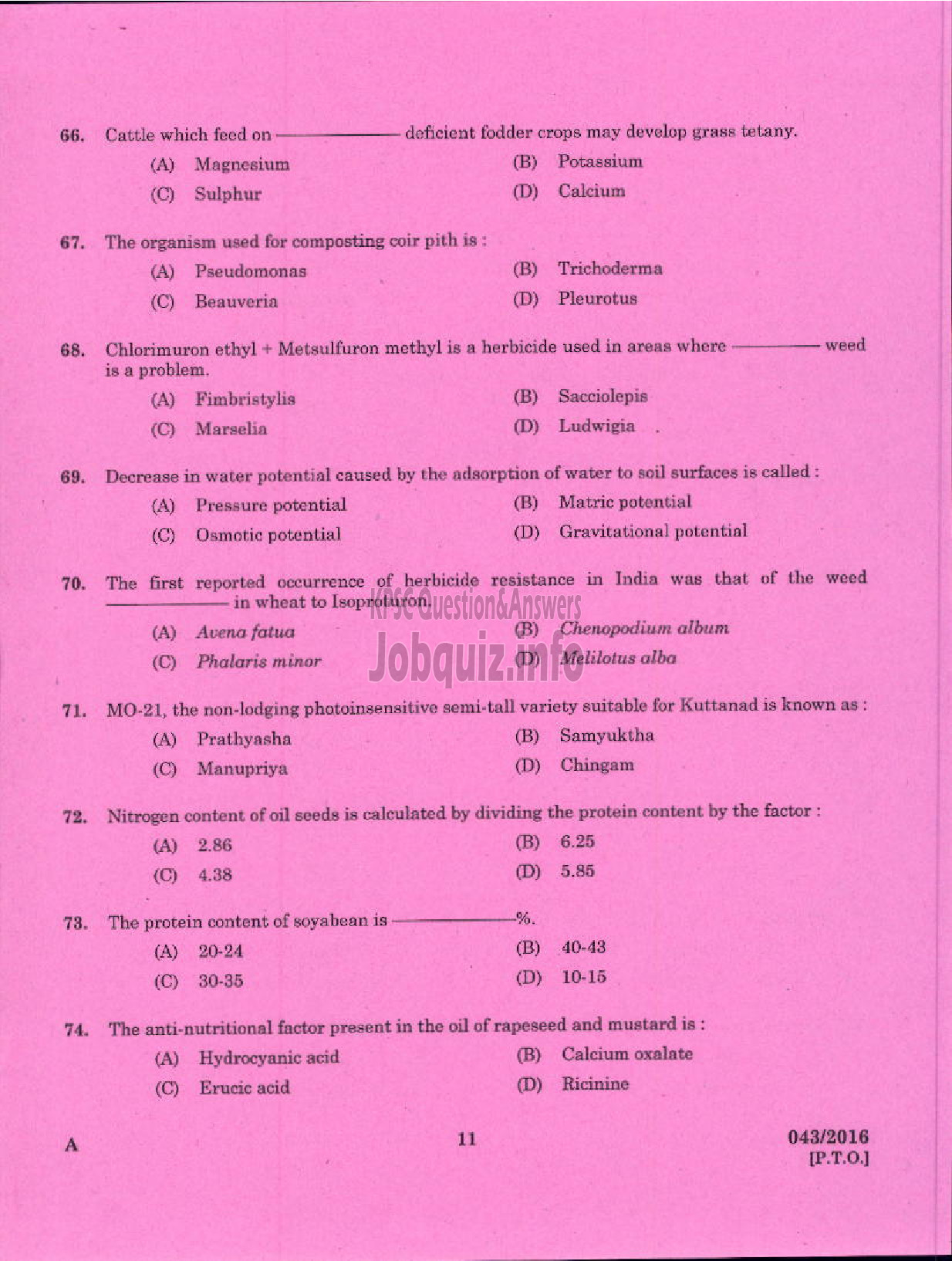 Kerala PSC Question Paper - AGRICULTURAL OFFICER AGRICULTURE/KERALA LAND USE BOARD/DCB-9