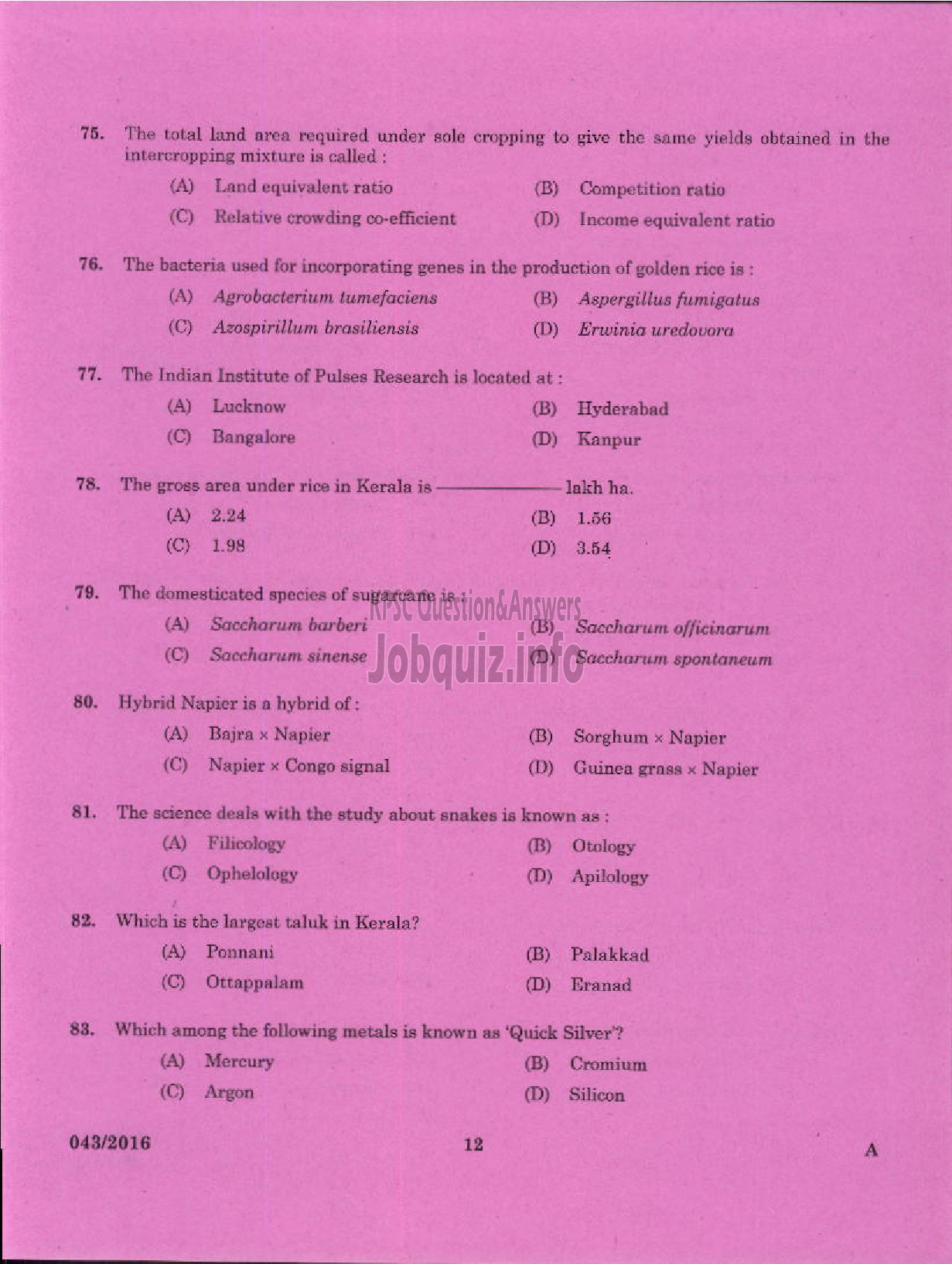 Kerala PSC Question Paper - AGRICULTURAL OFFICER AGRICULTURE/KERALA LAND USE BOARD/DCB-10