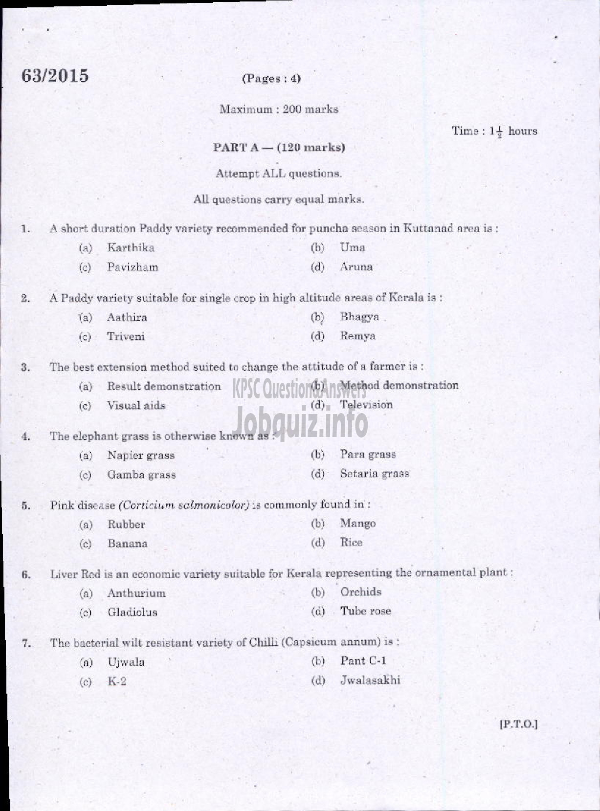 Kerala PSC Question Paper - AGRICULTURE-1