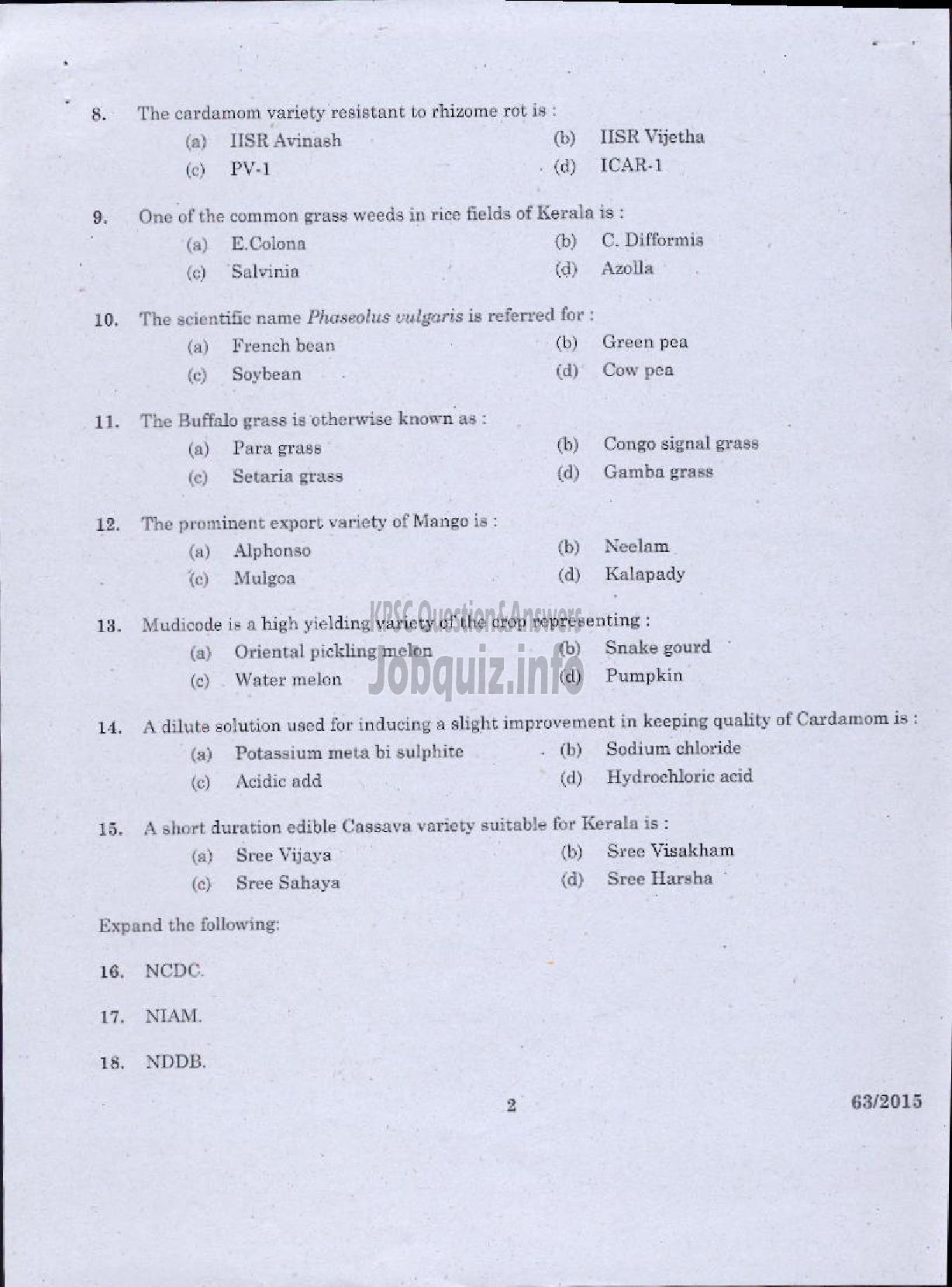 Kerala PSC Question Paper - AGRICULTURE-2