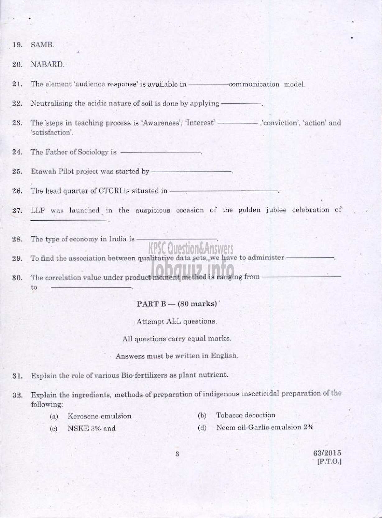 Kerala PSC Question Paper - AGRICULTURE-3