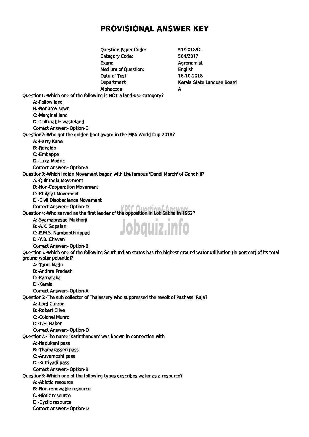 Kerala PSC Question Paper - AGRONOMIST KERALA STATE LANDUSE BOARD-1