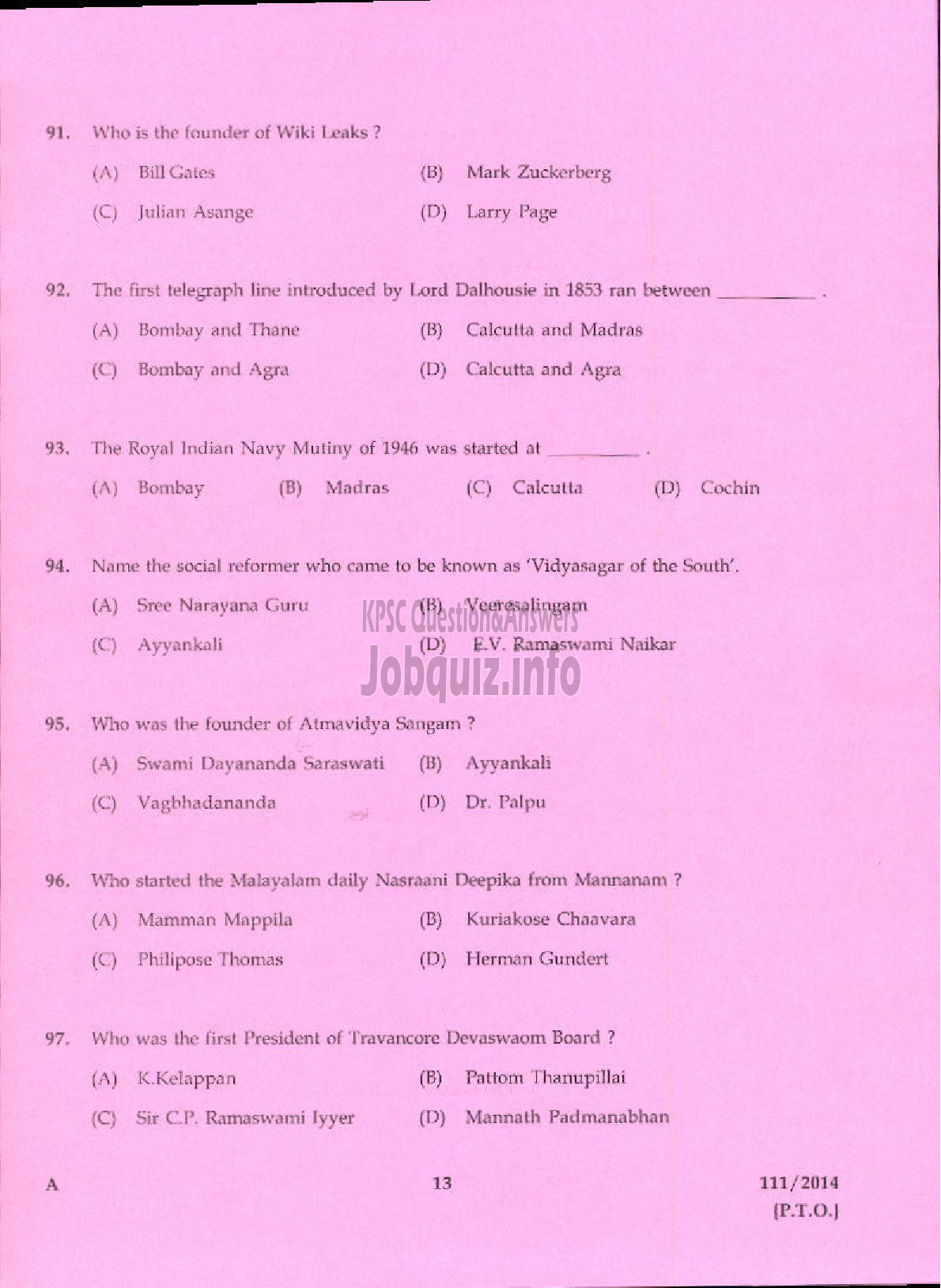 Kerala PSC Question Paper - ANALYST CHEMICAL TESTING LABORATORY INDUSTRIES AND COMMERCE-11