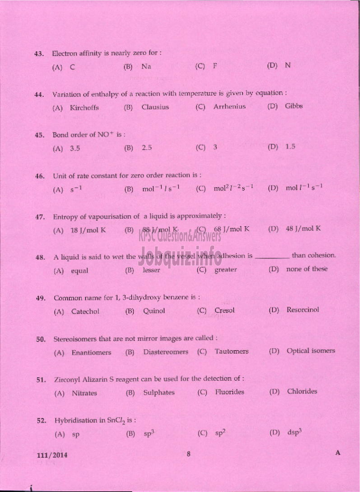 Kerala PSC Question Paper - ANALYST CHEMICAL TESTING LABORATORY INDUSTRIES AND COMMERCE-6