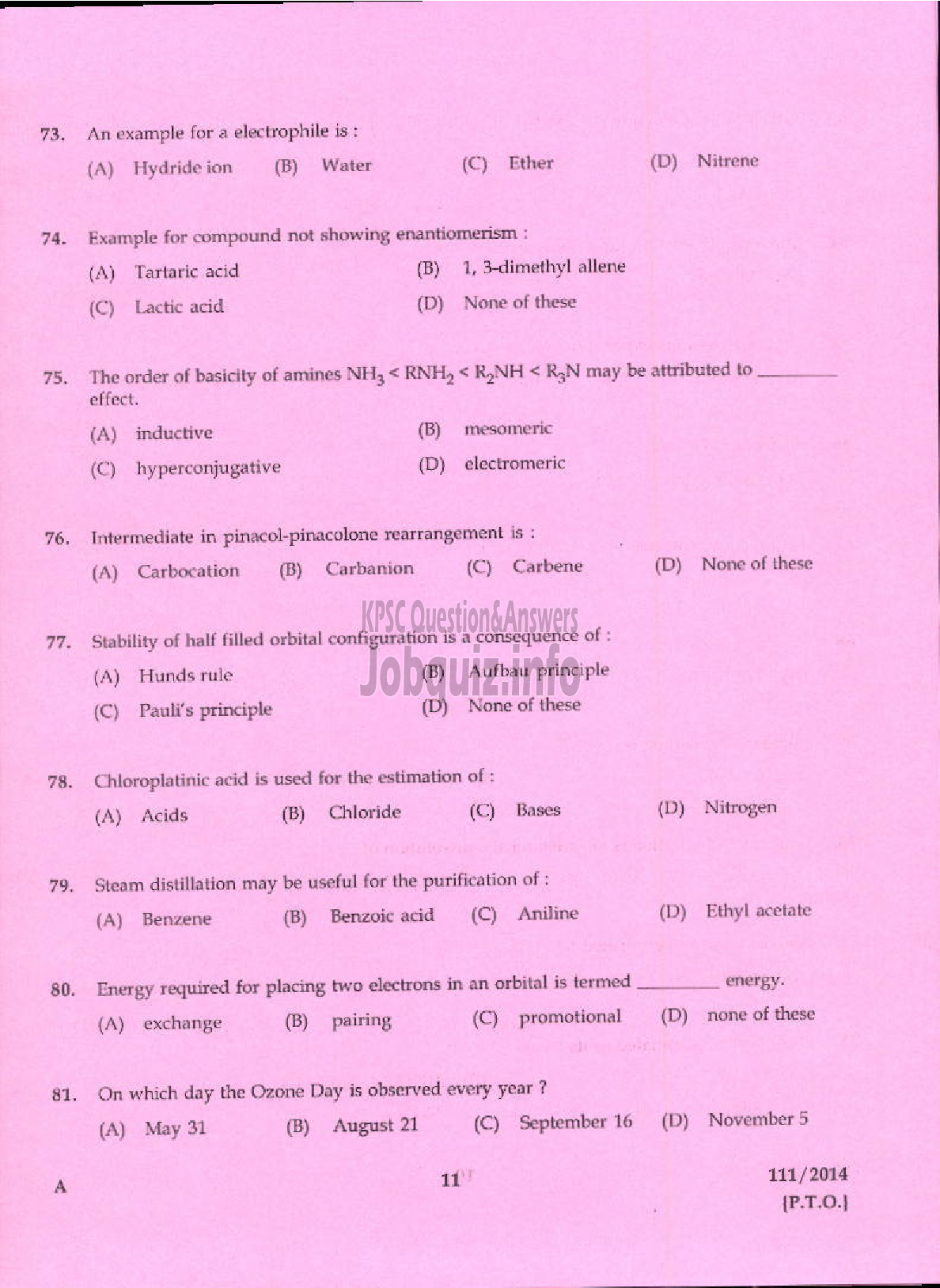 Kerala PSC Question Paper - ANALYST CHEMICAL TESTING LABORATORY INDUSTRIES AND COMMERCE-9