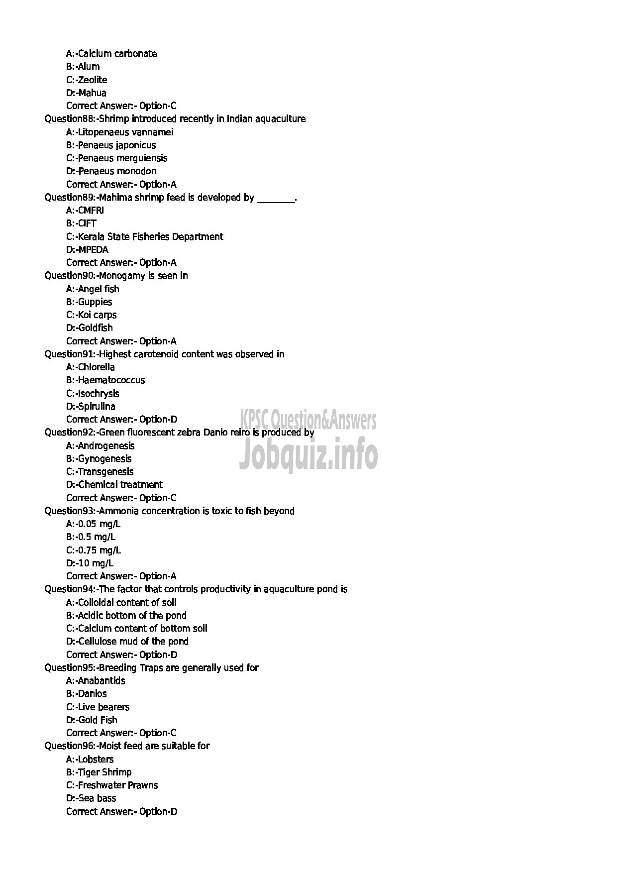 Kerala PSC Question Paper - AQUACULTURE EXPERT FISHERIES-10