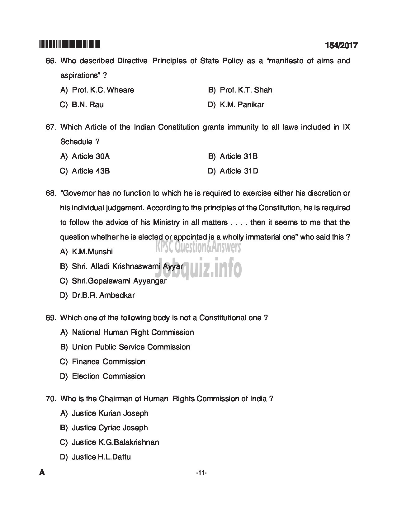 Kerala PSC Question Paper - ARMED POLICE SUB INSPECTOR TRAINEE SR FOR SC/ST POLICE ARMED POLICE BATTALION-11