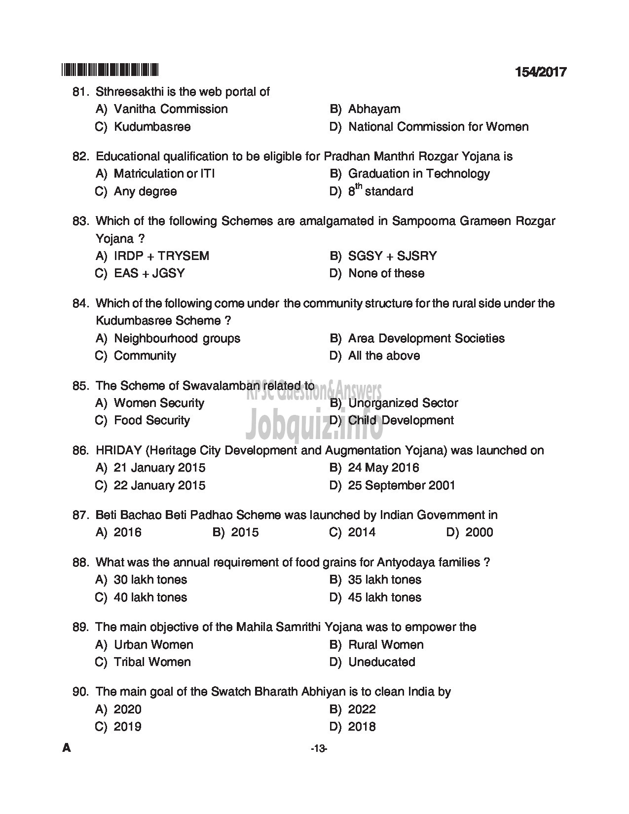 Kerala PSC Question Paper - ARMED POLICE SUB INSPECTOR TRAINEE SR FOR SC/ST POLICE ARMED POLICE BATTALION-13