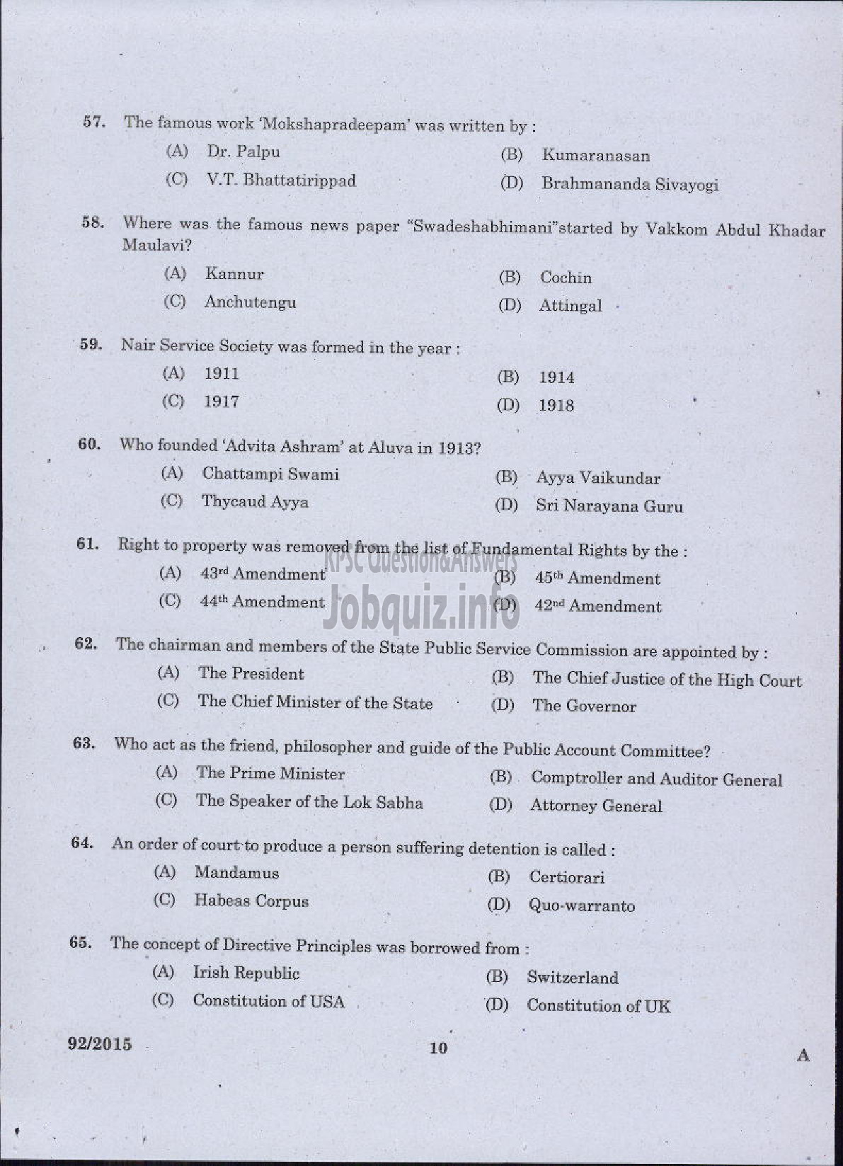 Kerala PSC Question Paper - ASSISTANT /AUDITOR DIRECT AND BY TRANSFER GOVT SECRETARIAT KPSC ADVOCATE GENERALS OFFICE-8