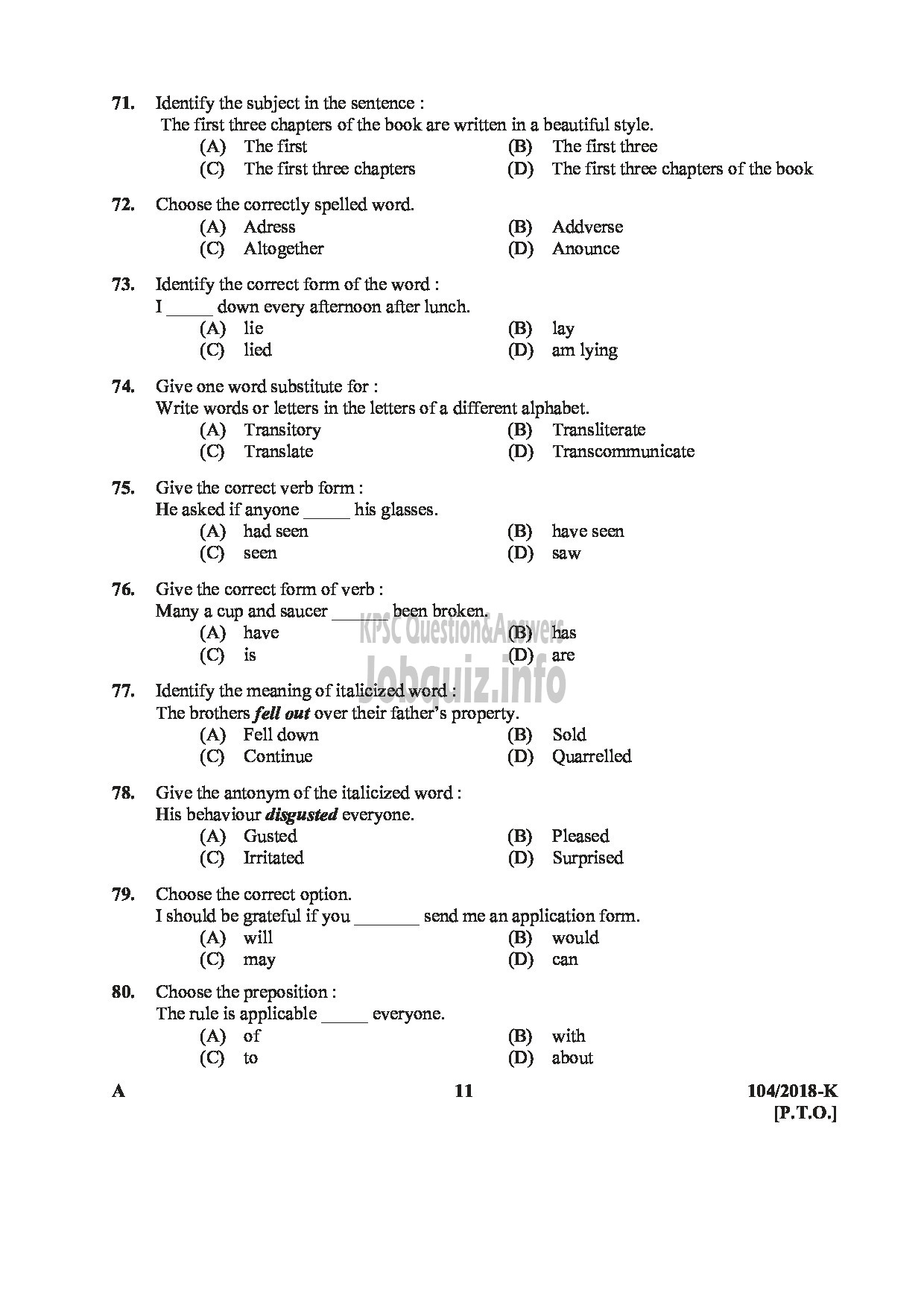 Kerala PSC Question Paper - ASSISTANT/AUDITOR GOVT SECRETARIAT/KPSC/KSAD ETC English/KANNADA-11