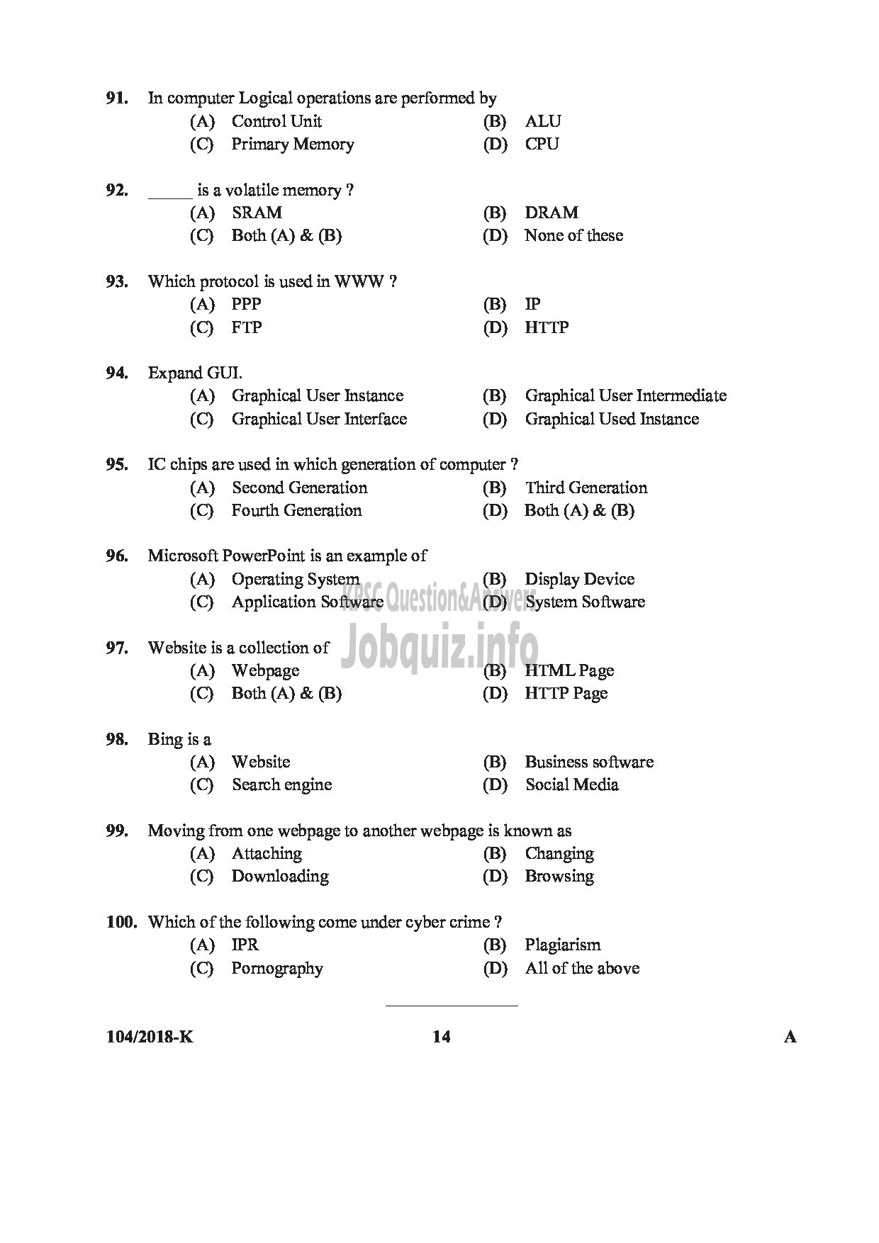 Kerala PSC Question Paper - ASSISTANT/AUDITOR GOVT SECRETARIAT/KPSC/KSAD ETC English/KANNADA-14