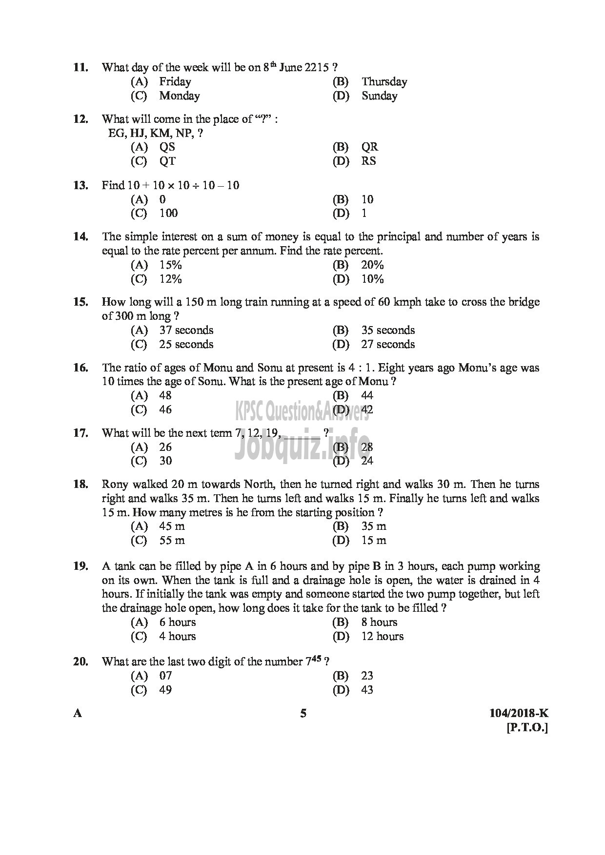 Kerala PSC Question Paper - ASSISTANT/AUDITOR GOVT SECRETARIAT/KPSC/KSAD ETC English/KANNADA-5