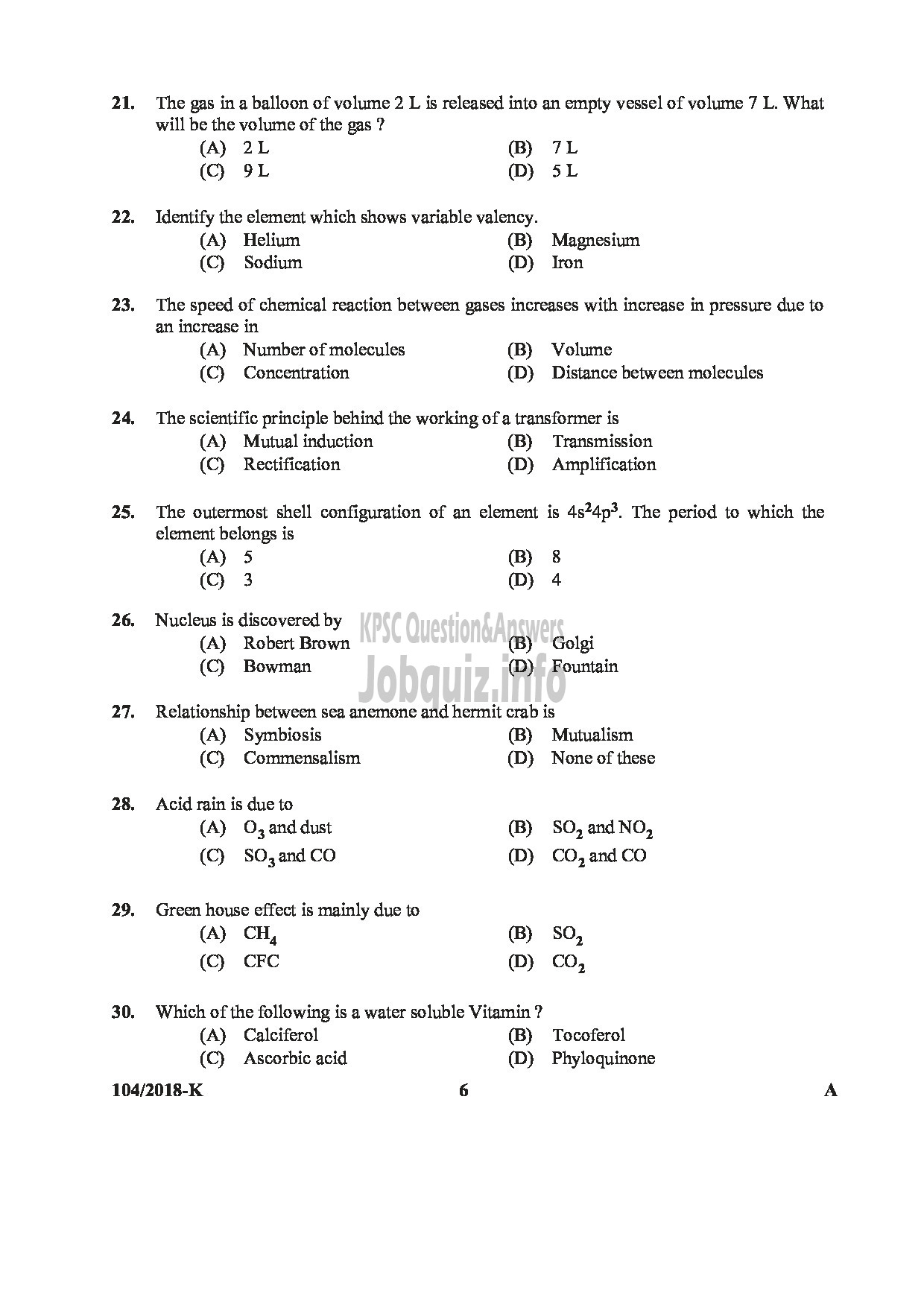 Kerala PSC Question Paper - ASSISTANT/AUDITOR GOVT SECRETARIAT/KPSC/KSAD ETC English/KANNADA-6