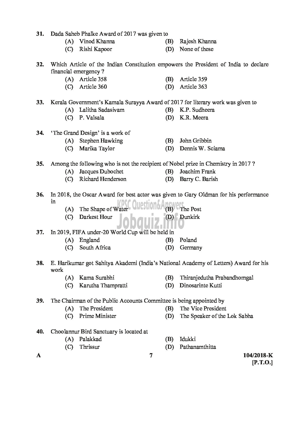 Kerala PSC Question Paper - ASSISTANT/AUDITOR GOVT SECRETARIAT/KPSC/KSAD ETC English/KANNADA-7