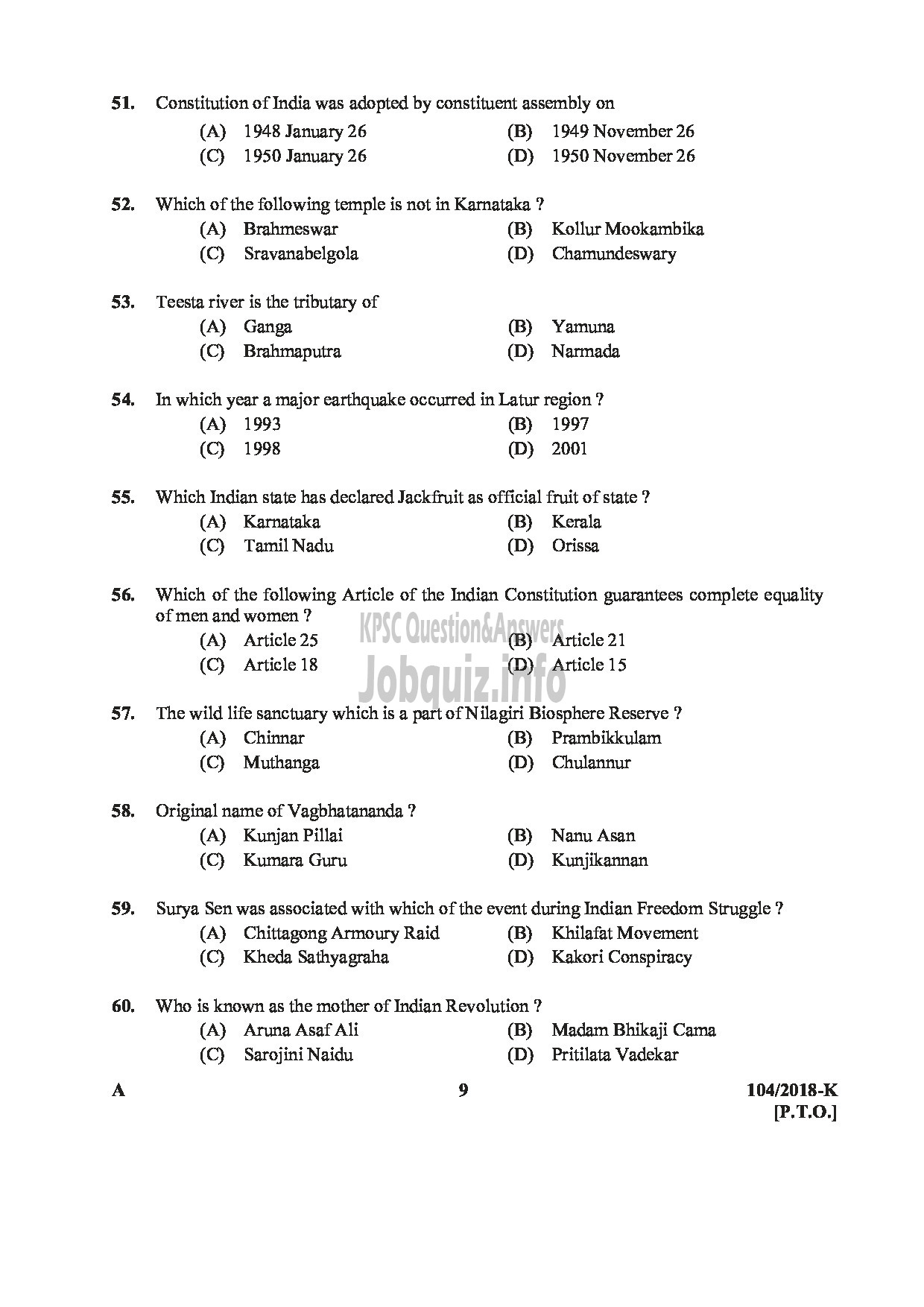 Kerala PSC Question Paper - ASSISTANT/AUDITOR GOVT SECRETARIAT/KPSC/KSAD ETC English/KANNADA-9