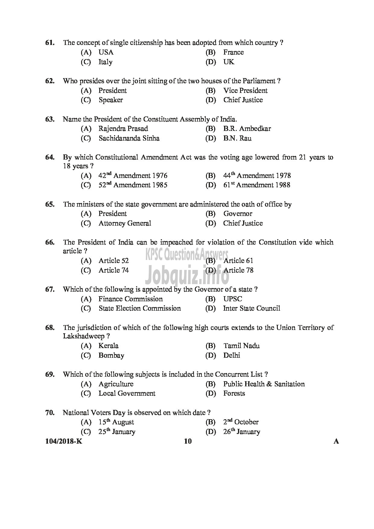 Kerala PSC Question Paper - ASSISTANT/AUDITOR GOVT SECRETARIAT/KPSC/KSAD ETC English/KANNADA-10