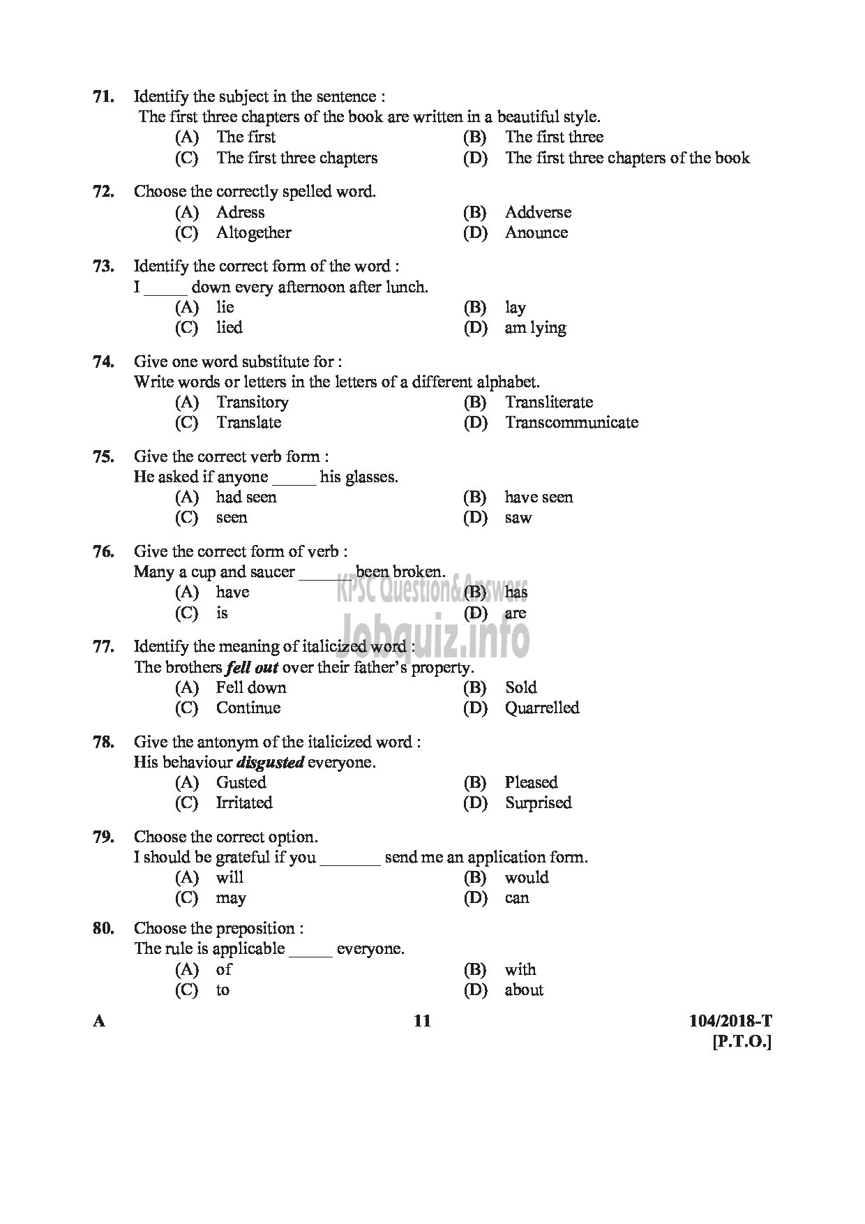 Kerala PSC Question Paper - ASSISTANT/AUDITOR GOVT SECRETARIAT/KPSC/KSAD ETC :English/Tamil -11