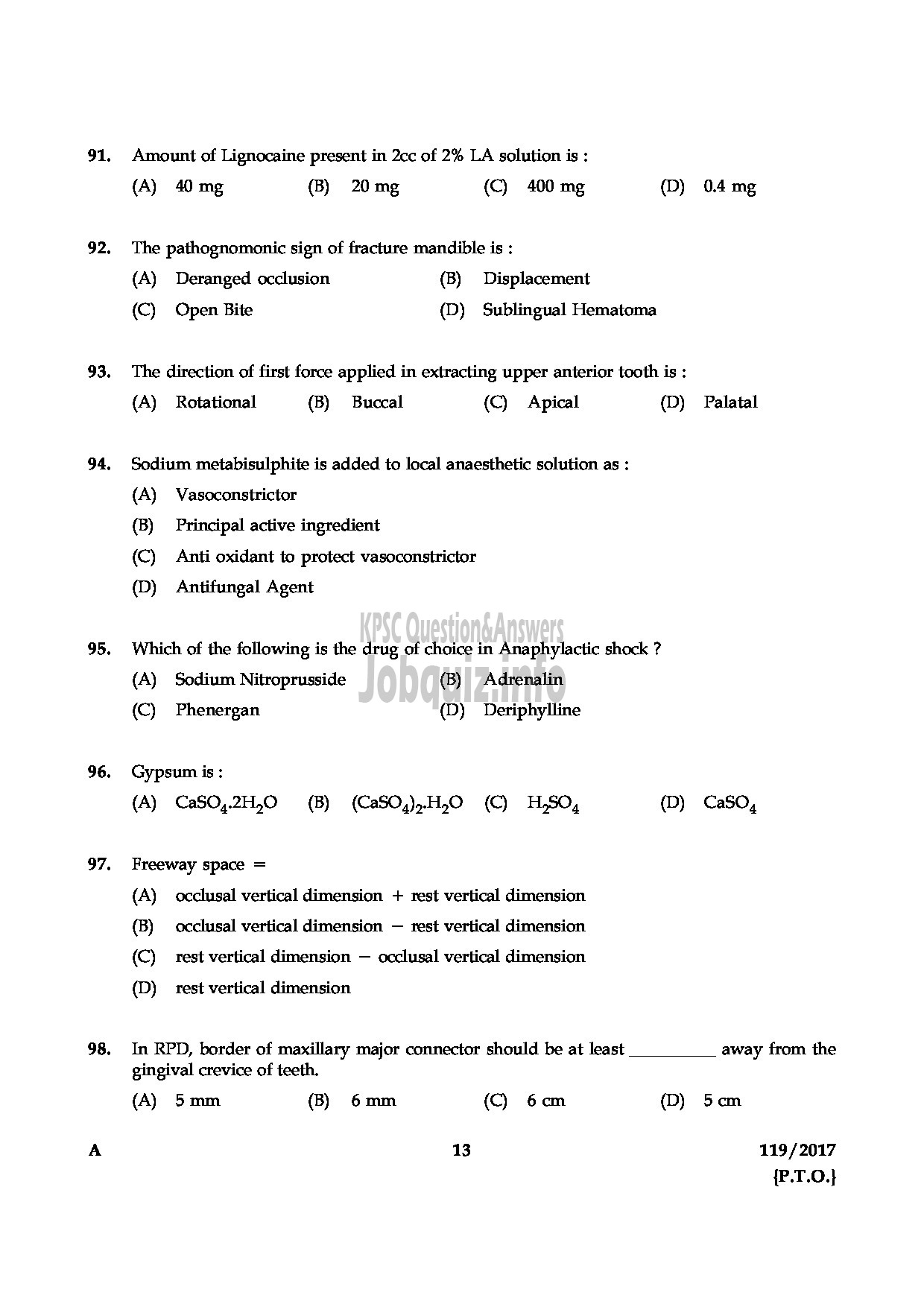 Kerala PSC Question Paper - ASSISTANT DENTAL SURGEON HEALTH SERVICES-13