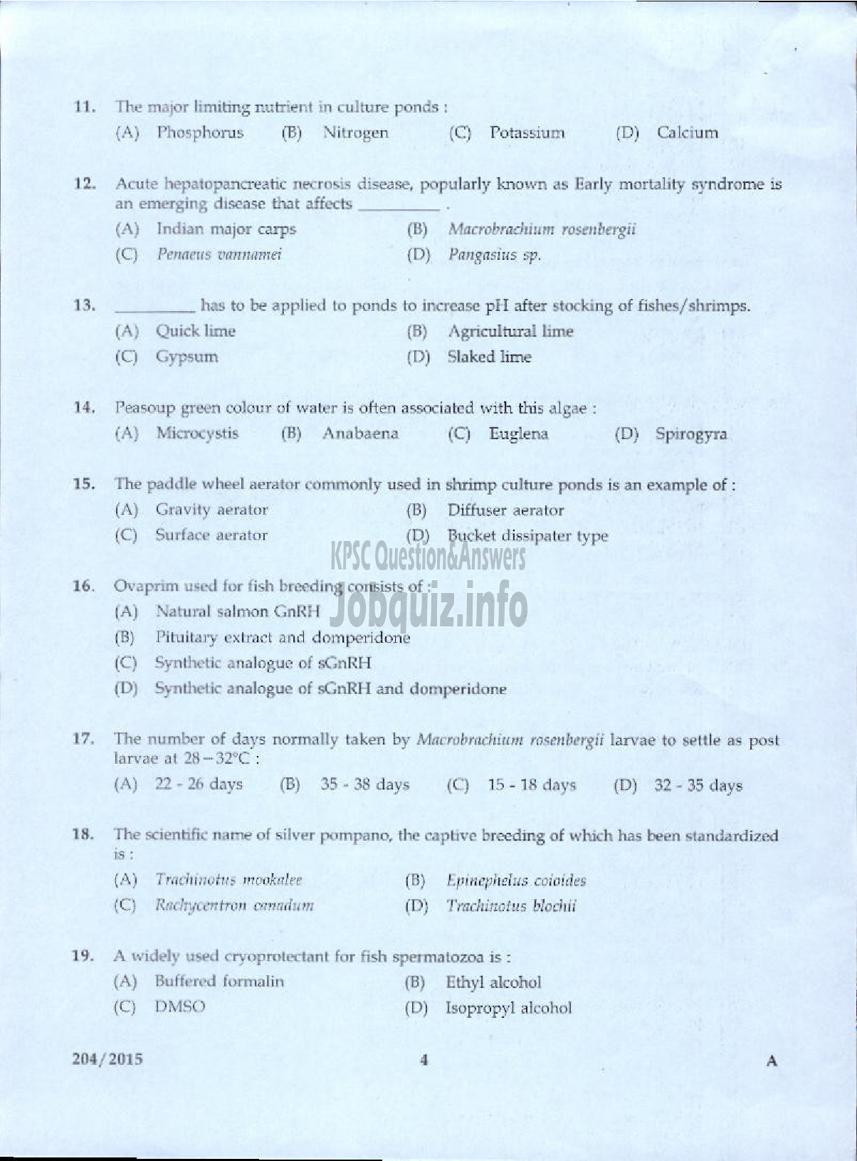 Kerala PSC Question Paper - ASSISTANT DIRECTOR OF FISHERIES ZONAL FISHERIES-2
