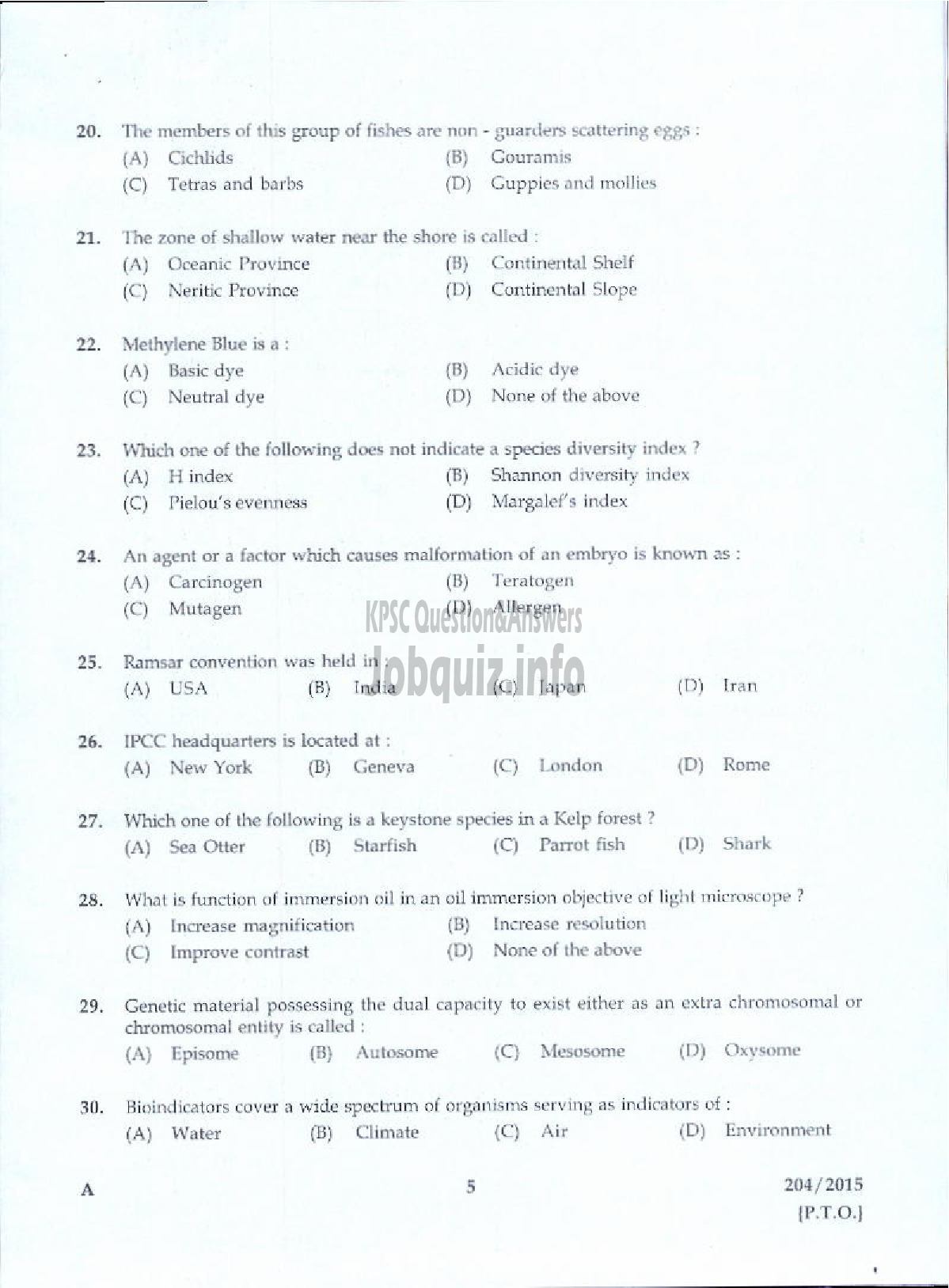 Kerala PSC Question Paper - ASSISTANT DIRECTOR OF FISHERIES ZONAL FISHERIES-3