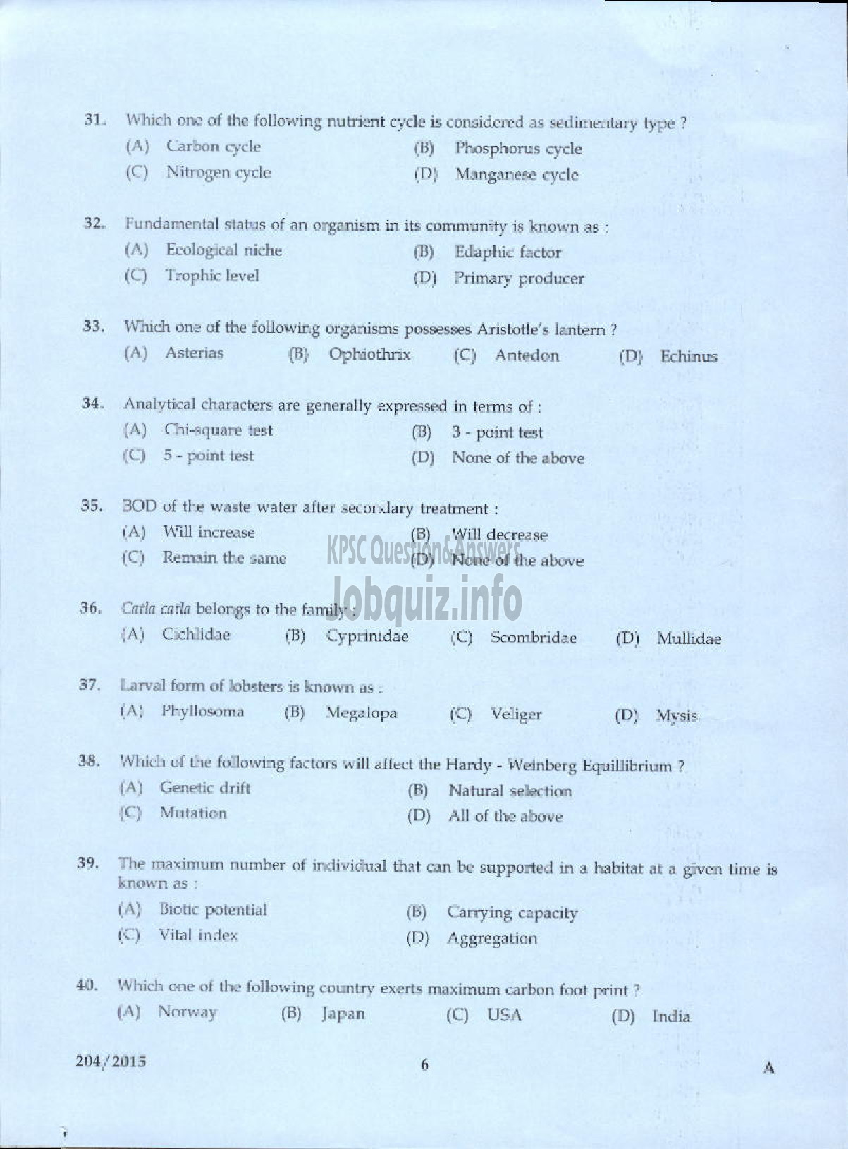 Kerala PSC Question Paper - ASSISTANT DIRECTOR OF FISHERIES ZONAL FISHERIES-4