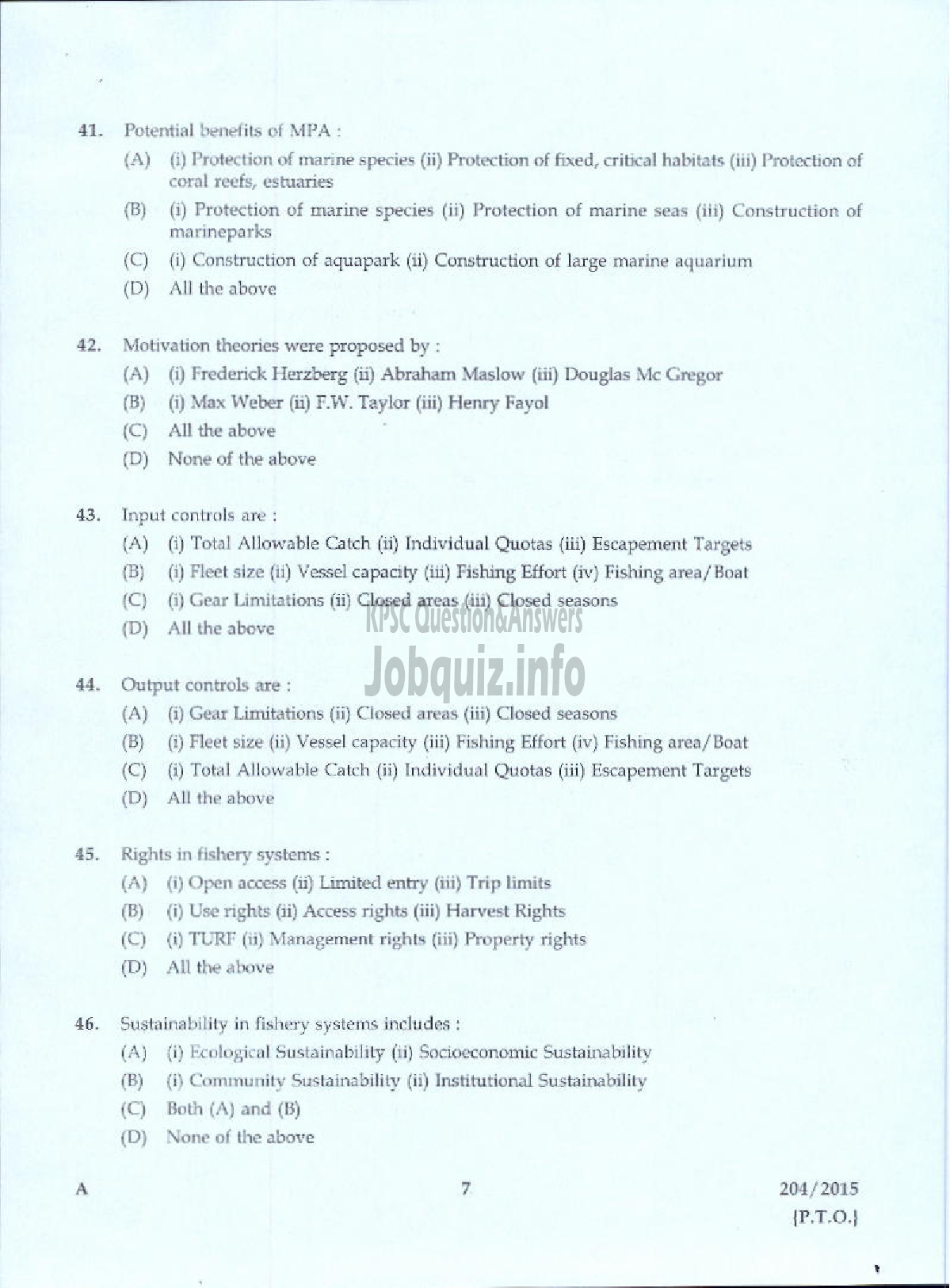 Kerala PSC Question Paper - ASSISTANT DIRECTOR OF FISHERIES ZONAL FISHERIES-5