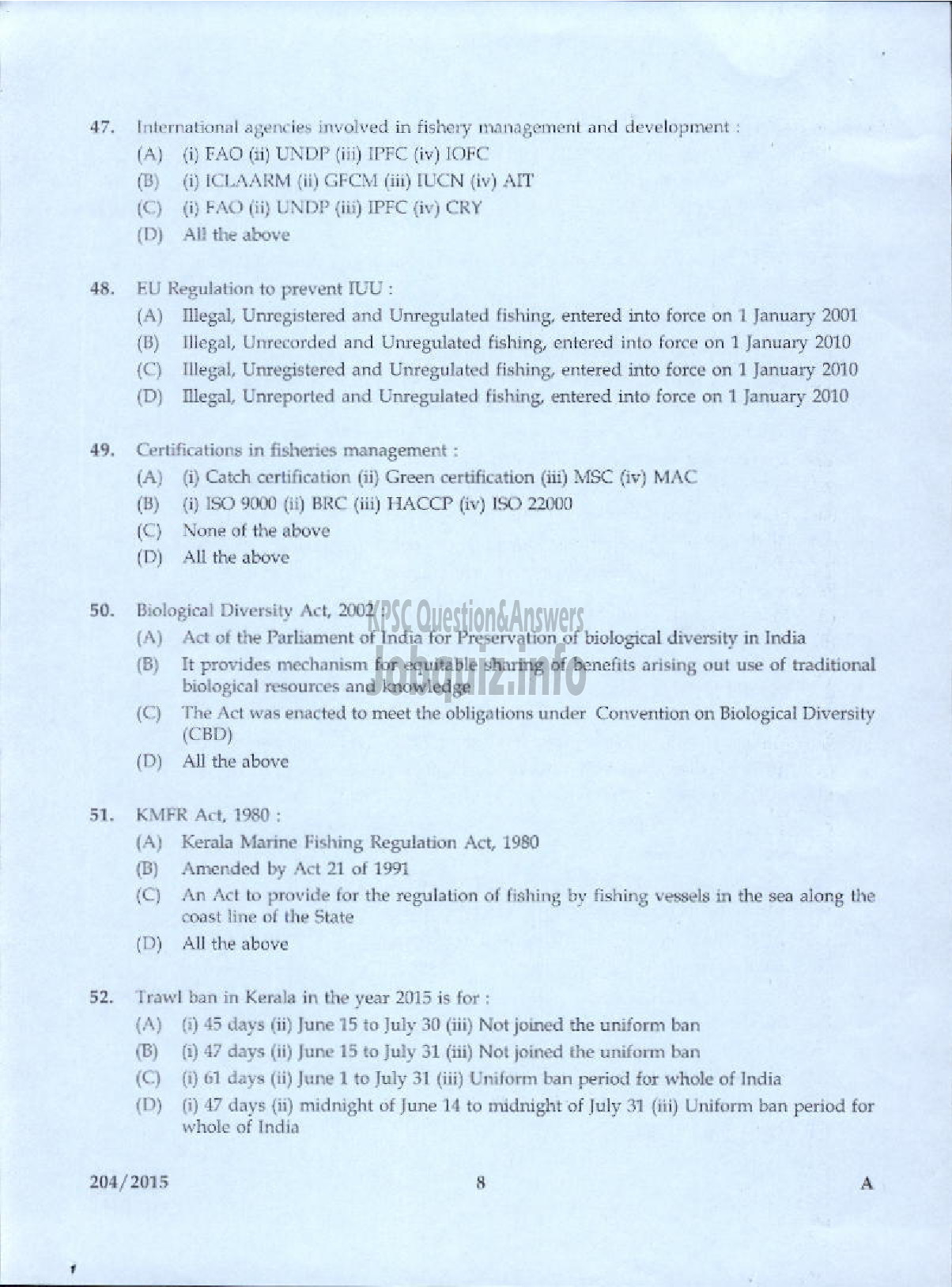 Kerala PSC Question Paper - ASSISTANT DIRECTOR OF FISHERIES ZONAL FISHERIES-6
