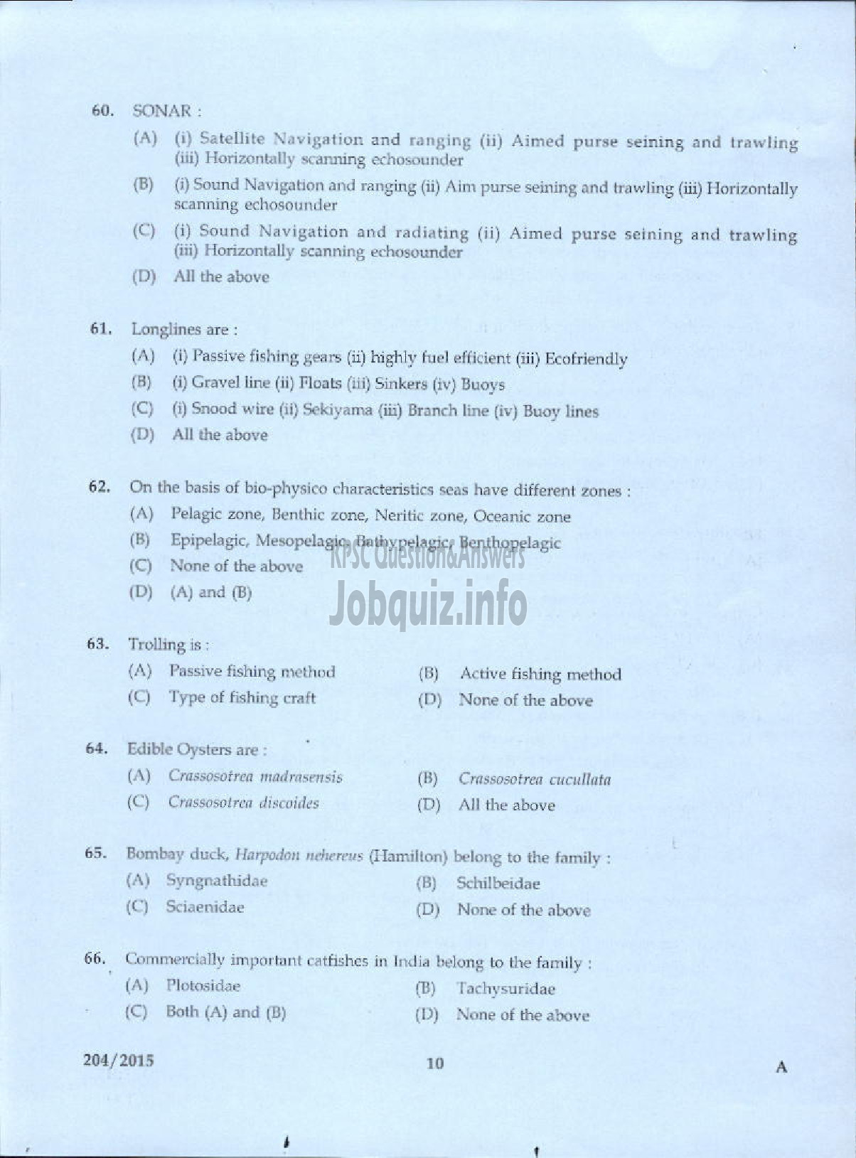 Kerala PSC Question Paper - ASSISTANT DIRECTOR OF FISHERIES ZONAL FISHERIES-8