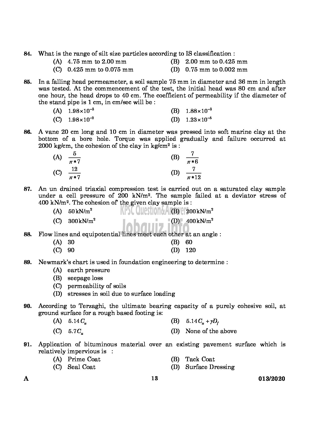 Kerala PSC Question Paper - ASSISTANT ENGINEER(CIVIL) IRRIGATION-11