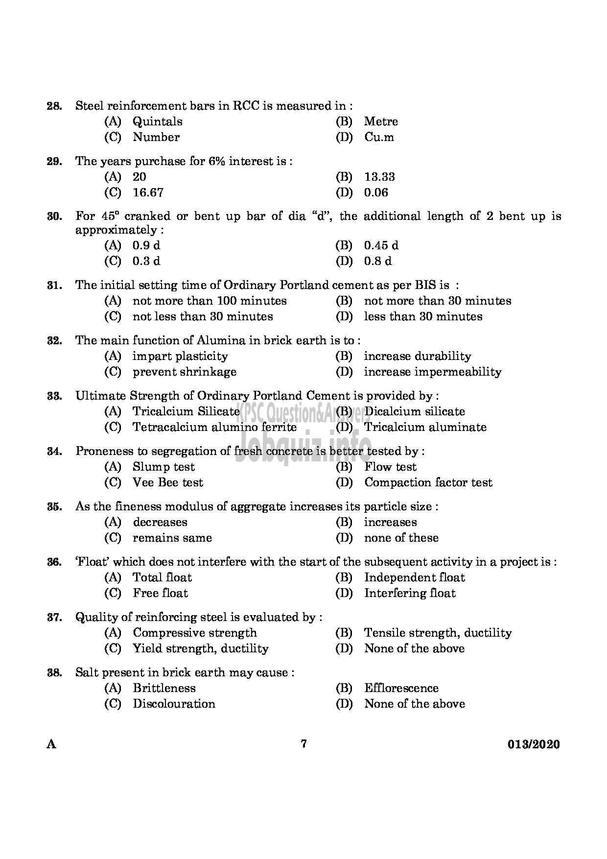 Kerala PSC Question Paper - ASSISTANT ENGINEER(CIVIL) IRRIGATION-5