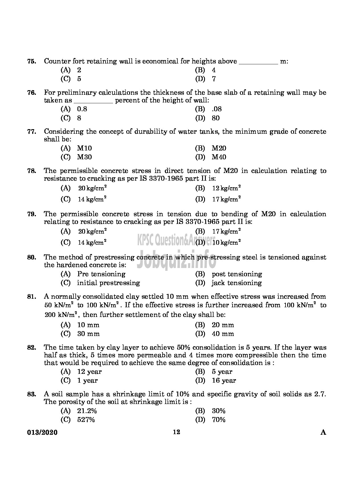 Kerala PSC Question Paper - ASSISTANT ENGINEER(CIVIL) IRRIGATION-10