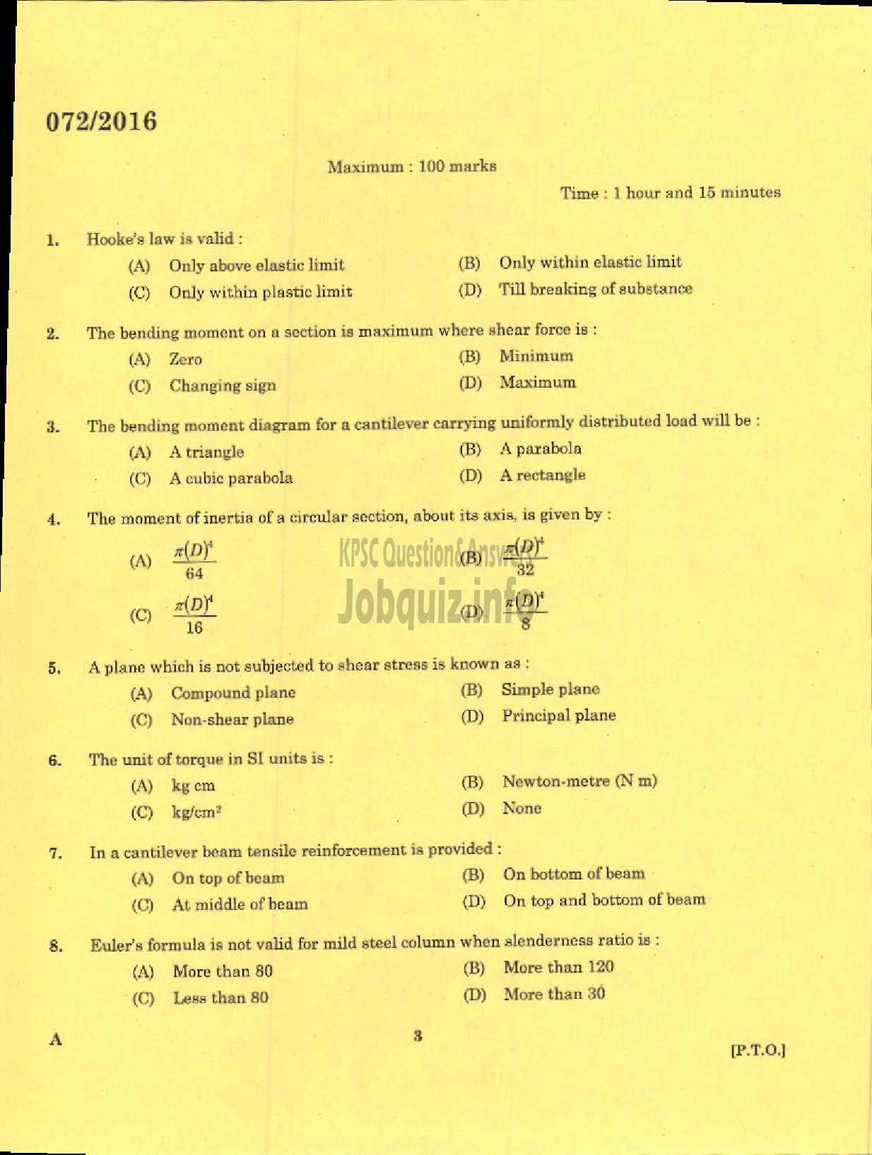 Kerala PSC Question Paper - ASSISTANT ENGINEER CIVIL KSHB/KSRTC SIDCO ASSISTANT ENGINEER HYDROLOGY GROUND WATER-1