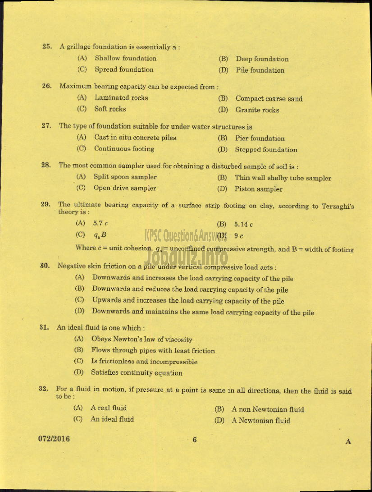 Kerala PSC Question Paper - ASSISTANT ENGINEER CIVIL KSHB/KSRTC SIDCO ASSISTANT ENGINEER HYDROLOGY GROUND WATER-4