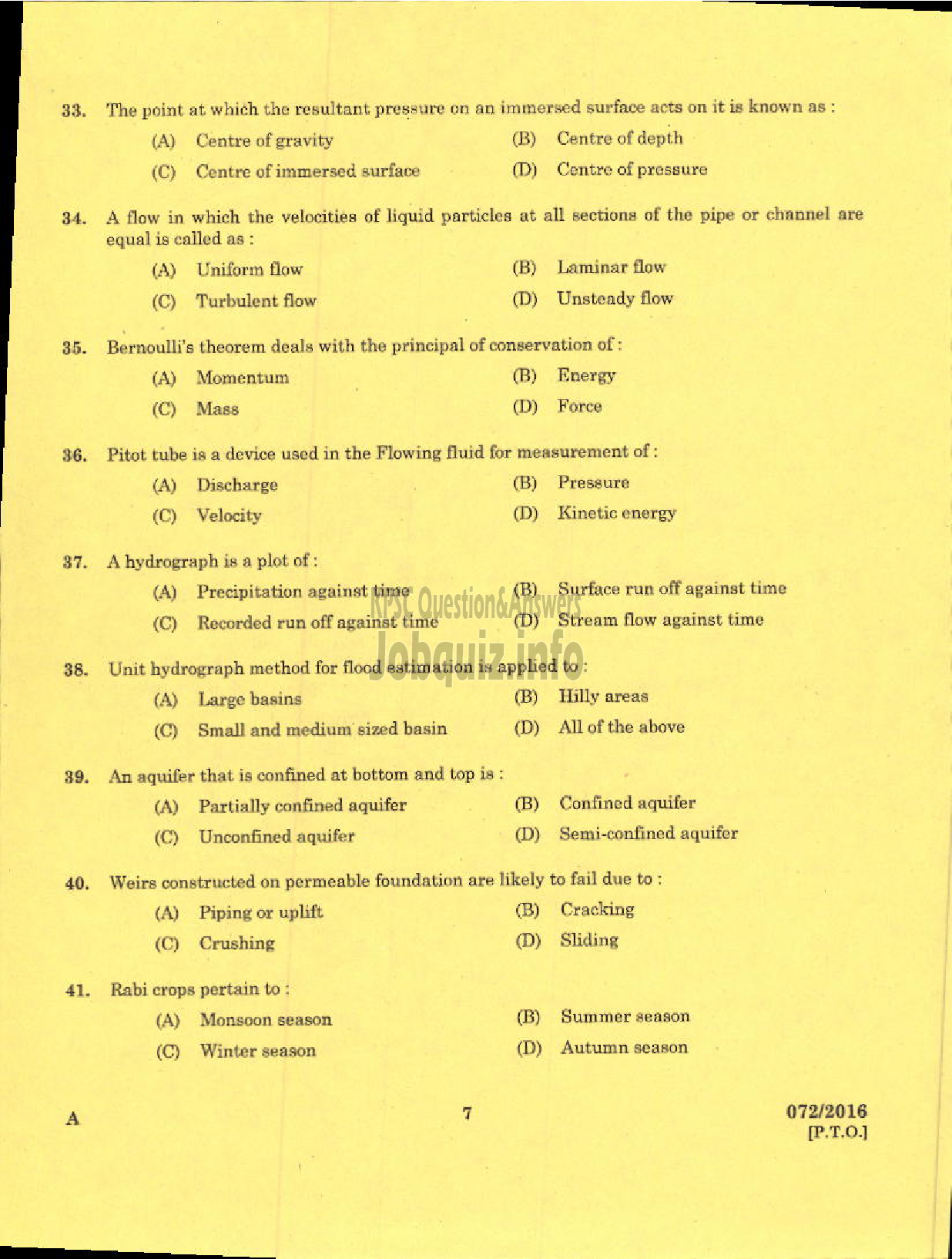 Kerala PSC Question Paper - ASSISTANT ENGINEER CIVIL KSHB/KSRTC SIDCO ASSISTANT ENGINEER HYDROLOGY GROUND WATER-5