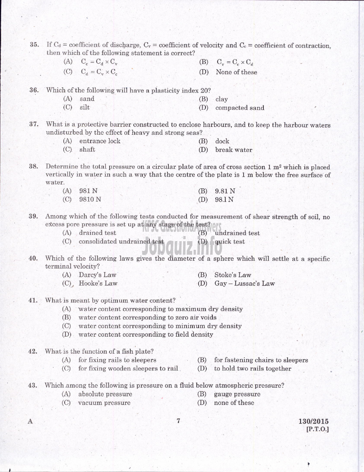 Kerala PSC Question Paper - ASSISTANT ENGINEER CIVIL LOCAL SELF GOVERNMENT/PWD/IRRIGATION-5