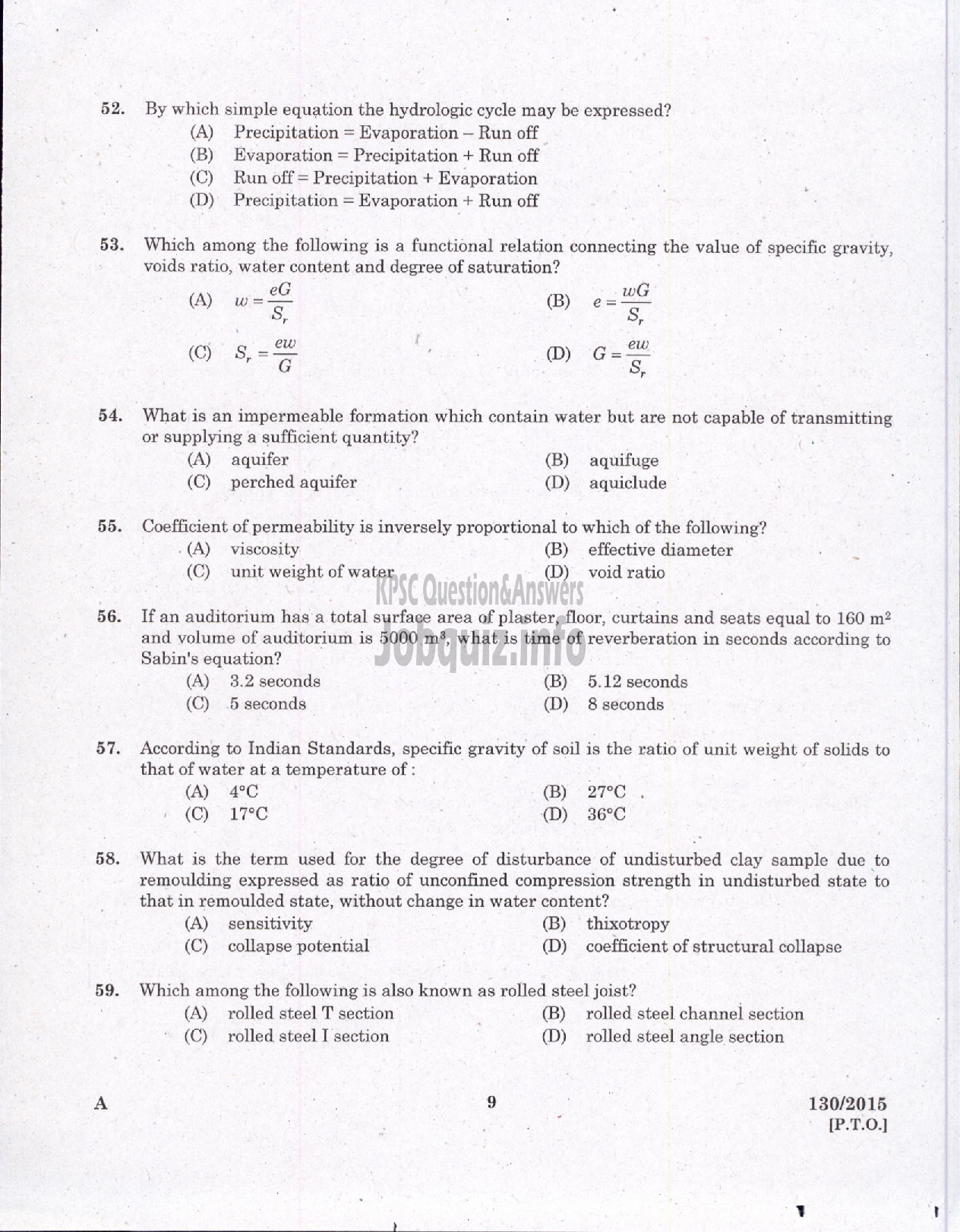 Kerala PSC Question Paper - ASSISTANT ENGINEER CIVIL LOCAL SELF GOVERNMENT/PWD/IRRIGATION-7