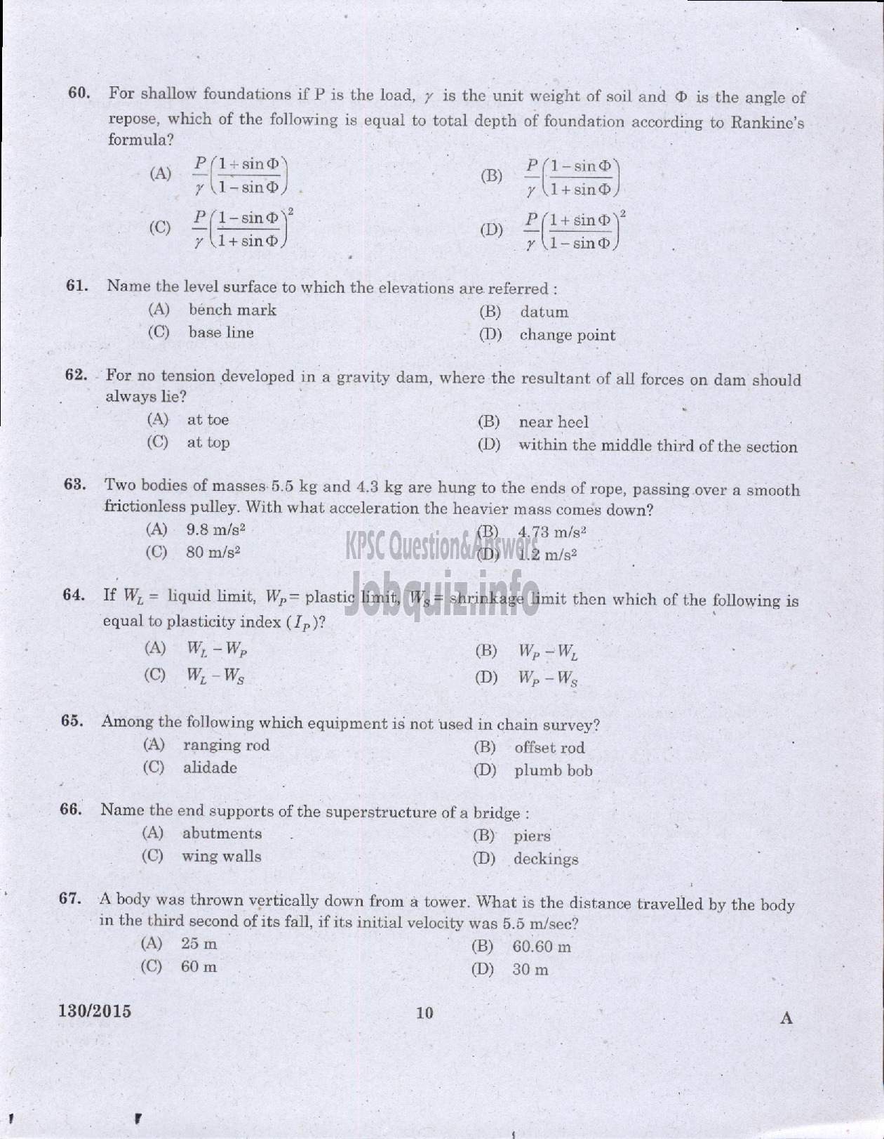 Kerala PSC Question Paper - ASSISTANT ENGINEER CIVIL LOCAL SELF GOVERNMENT/PWD/IRRIGATION-8